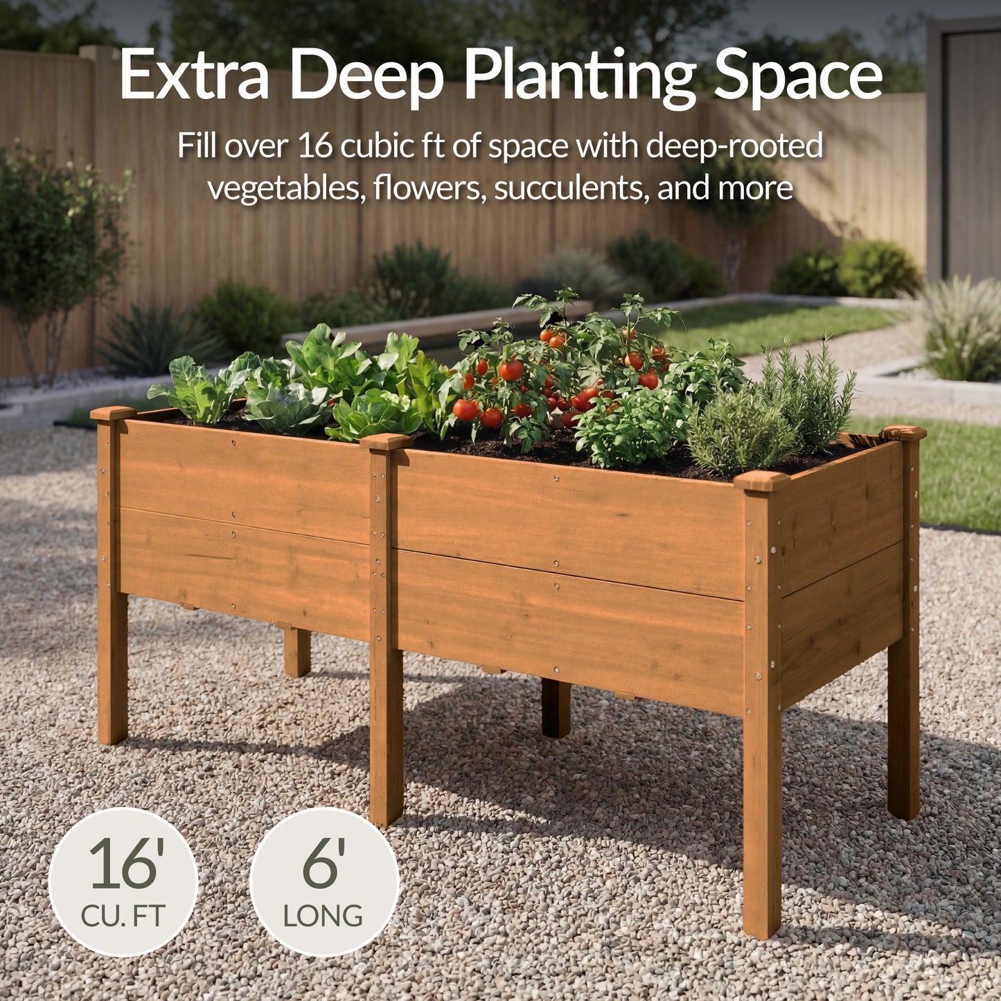 72" x 24" x 30" Raised Wooden Garden Bed w/16" Depth, Elevated Wood Planter