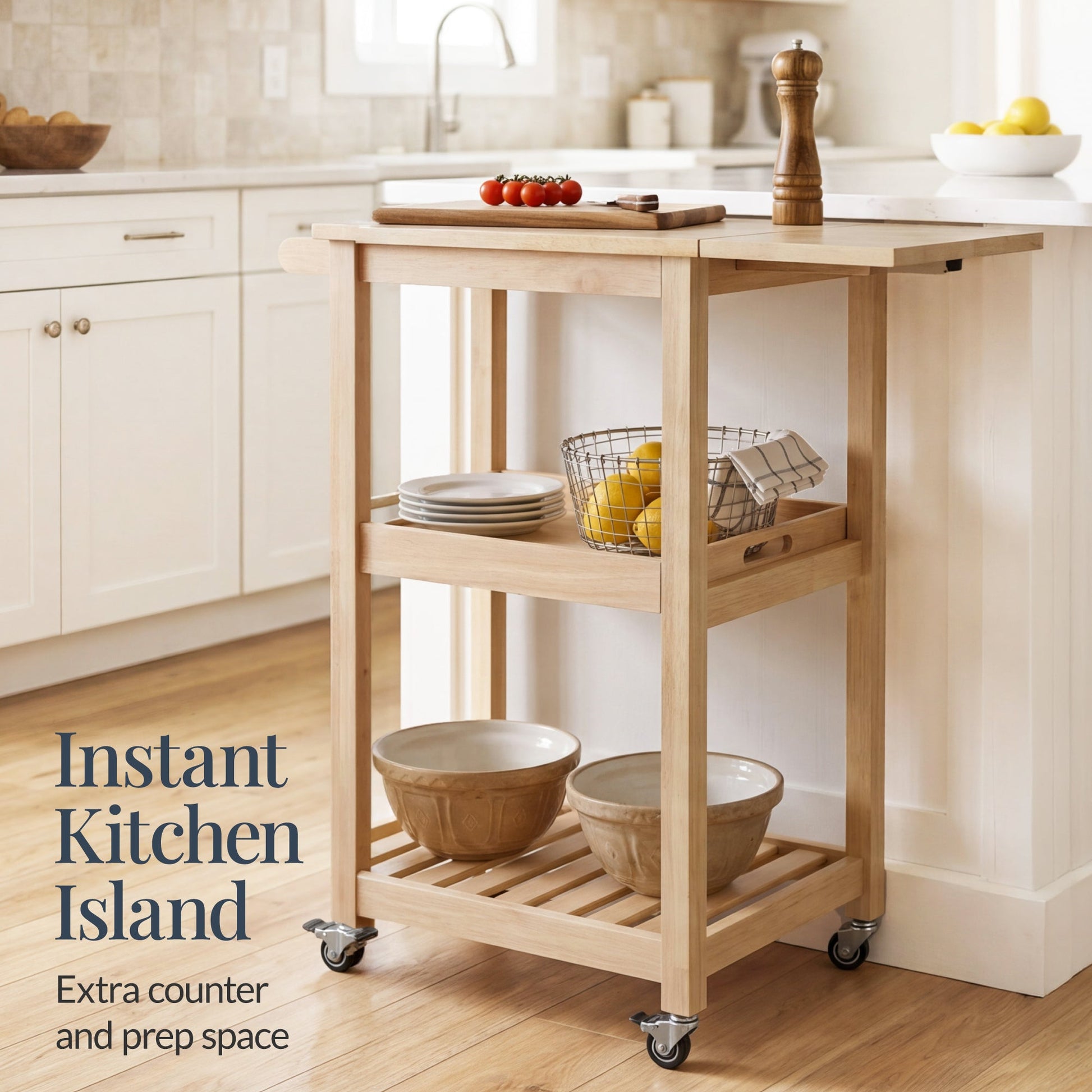 Rolling Kitchen Island Cart w/ Drop Leaf Extension, Solid Wood