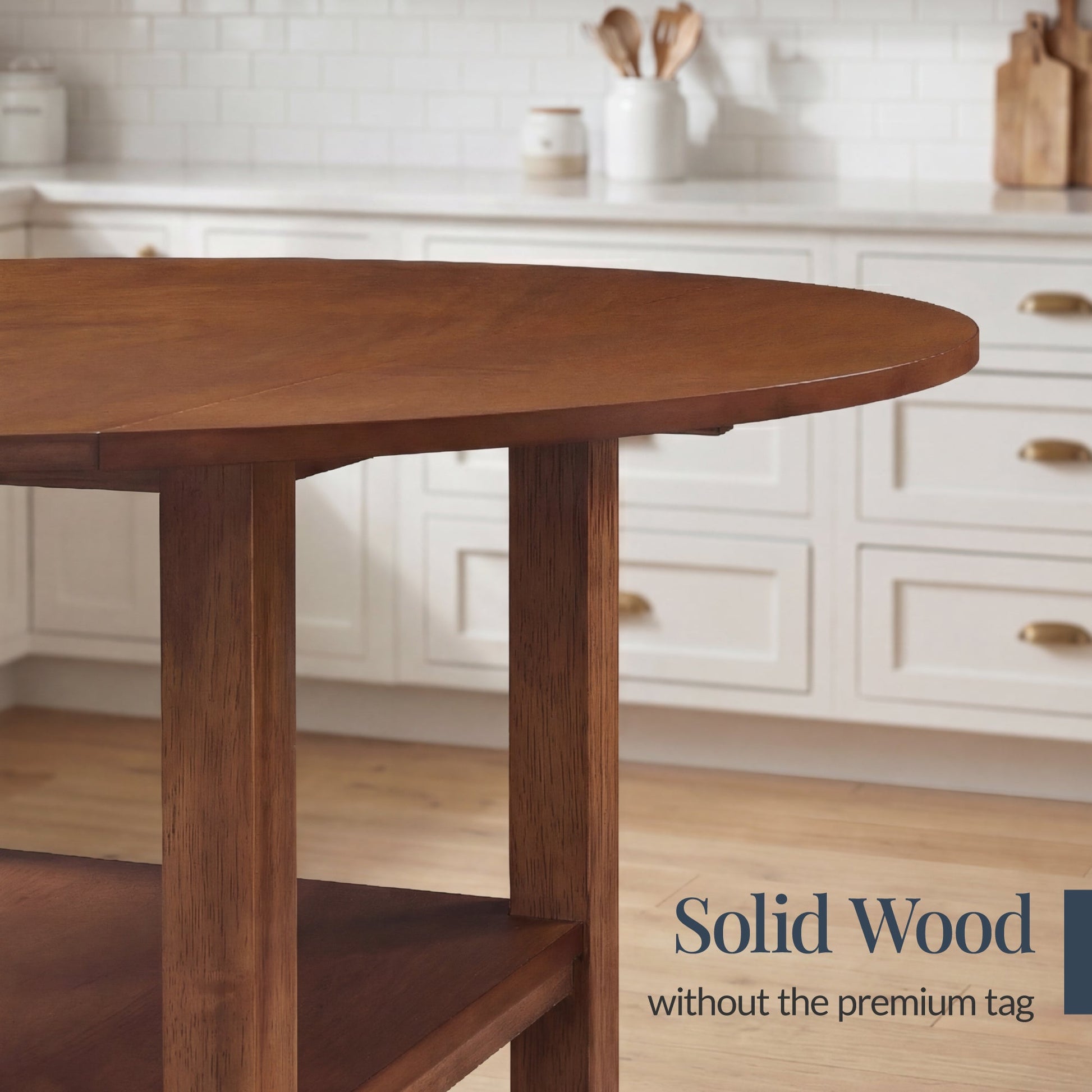 42" Round Drop Leaf Dining Table For 4, Solid Wood Table W/ Storage Shelf