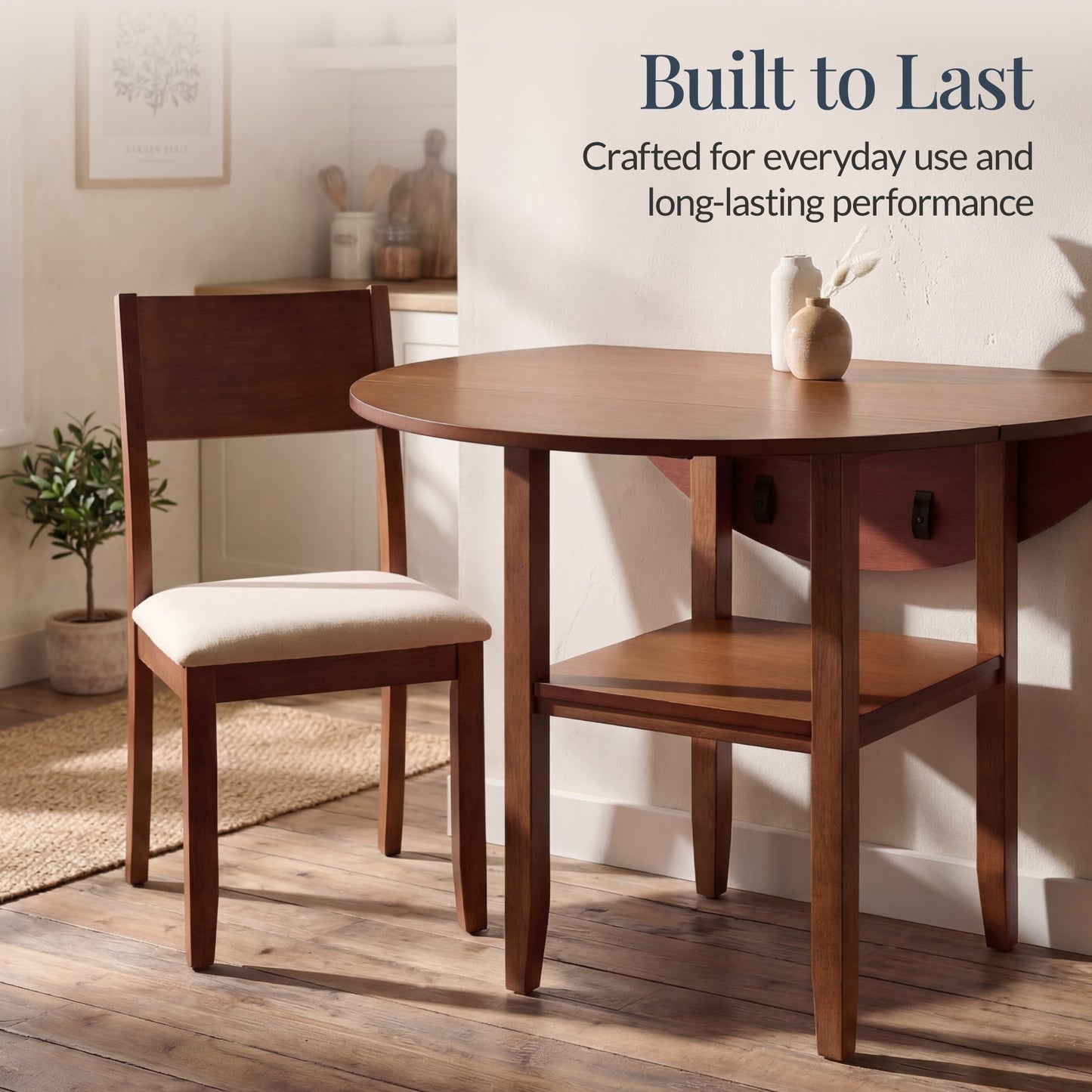42" Round Drop Leaf Dining Table For 4, Solid Wood Table W/ Storage Shelf