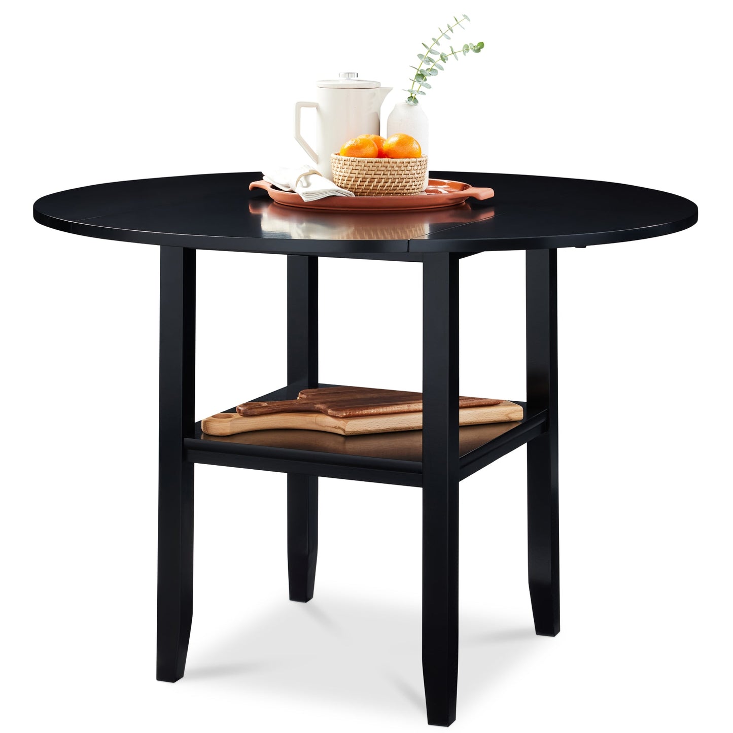 42" Round Drop Leaf Dining Table For 4, Solid Wood Table W/ Storage Shelf