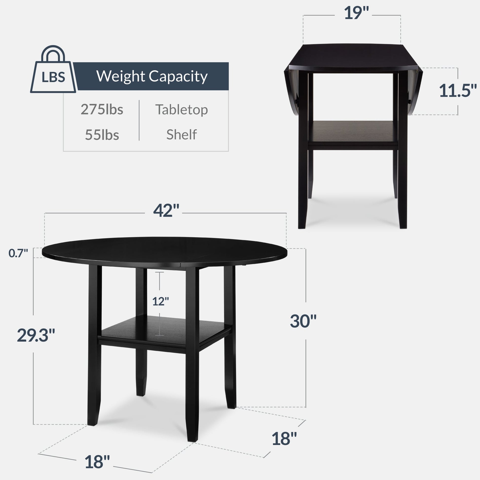 42" Round Drop Leaf Dining Table For 4, Solid Wood Table W/ Storage Shelf