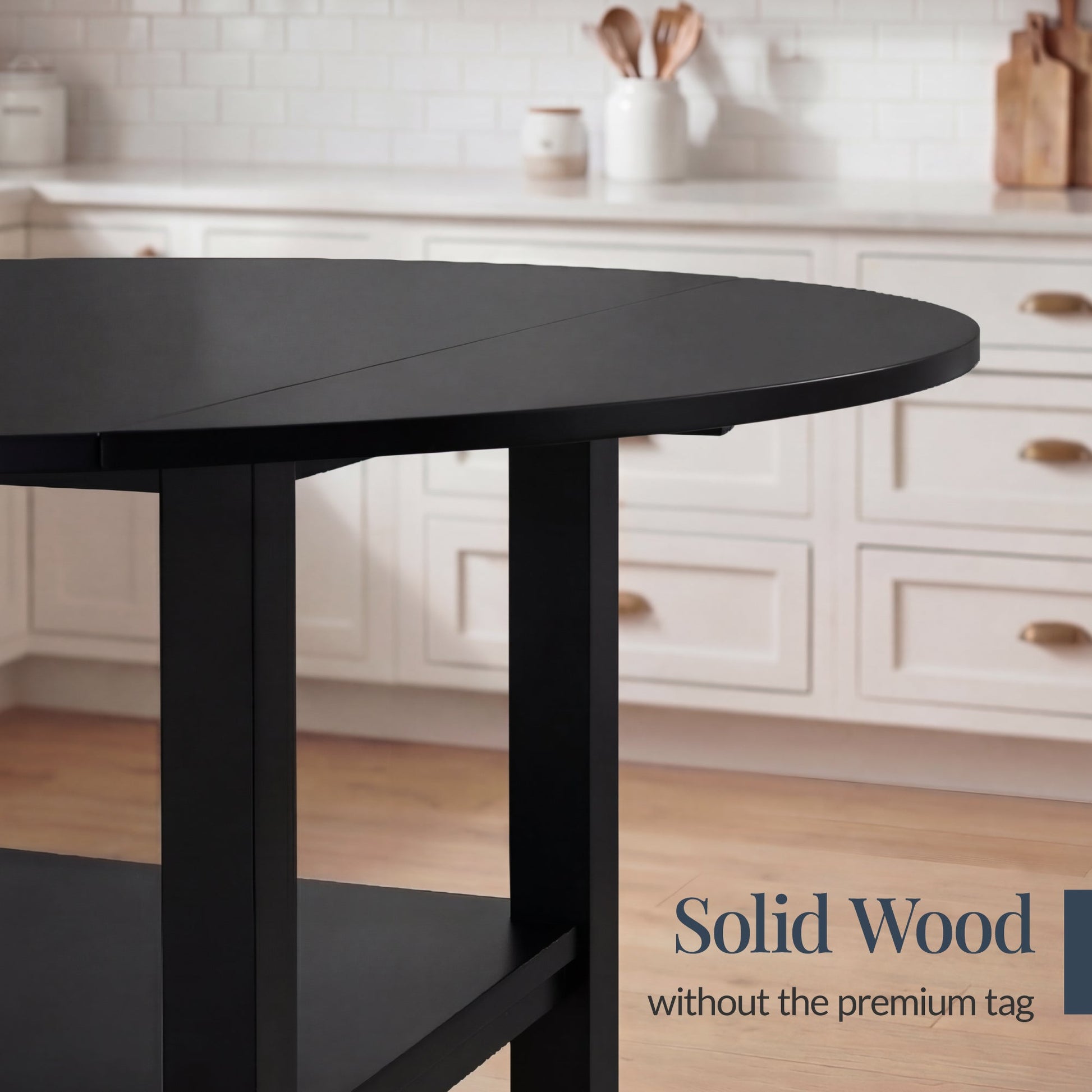 42" Round Drop Leaf Dining Table For 4, Solid Wood Table W/ Storage Shelf