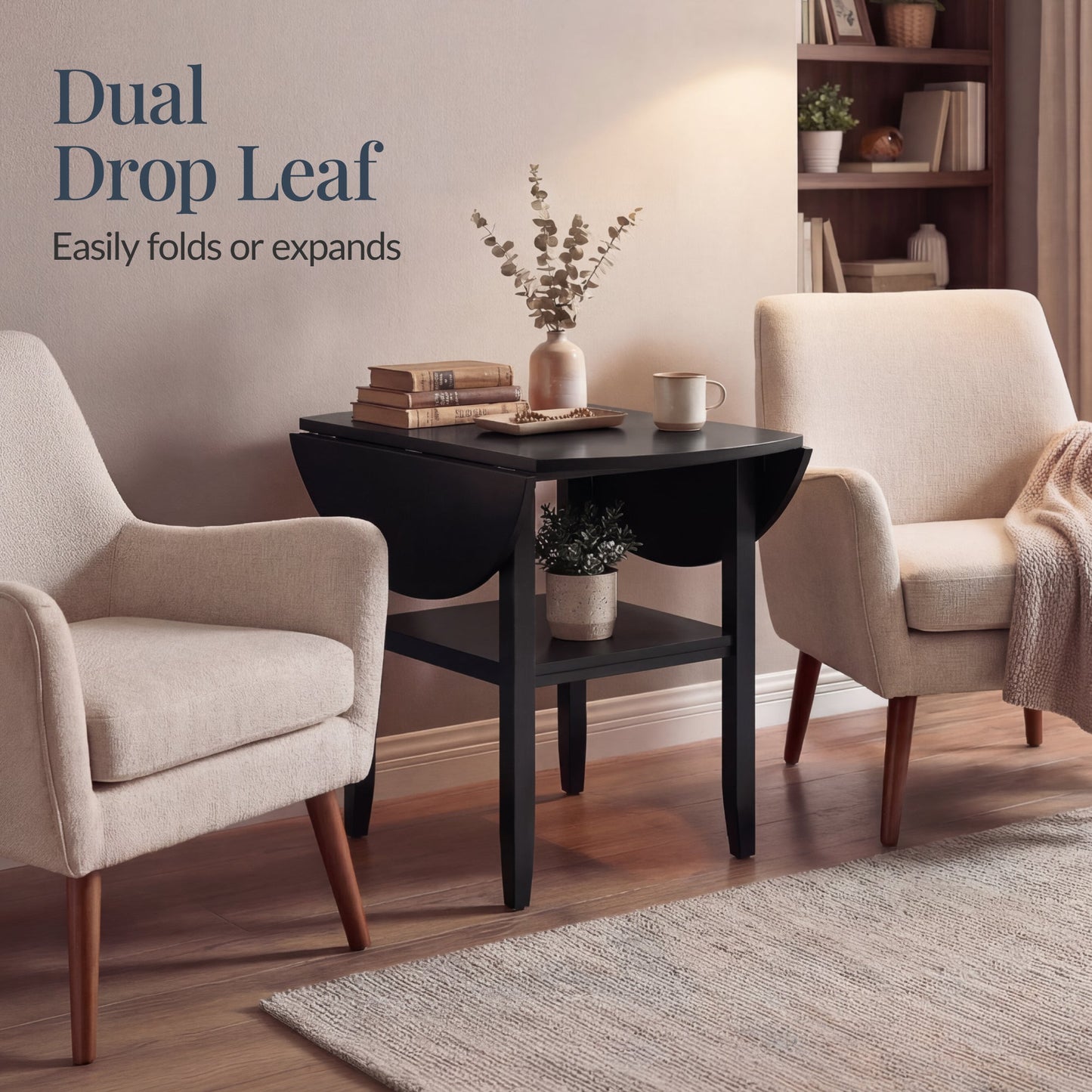 42" Round Drop Leaf Dining Table For 4, Solid Wood Table W/ Storage Shelf