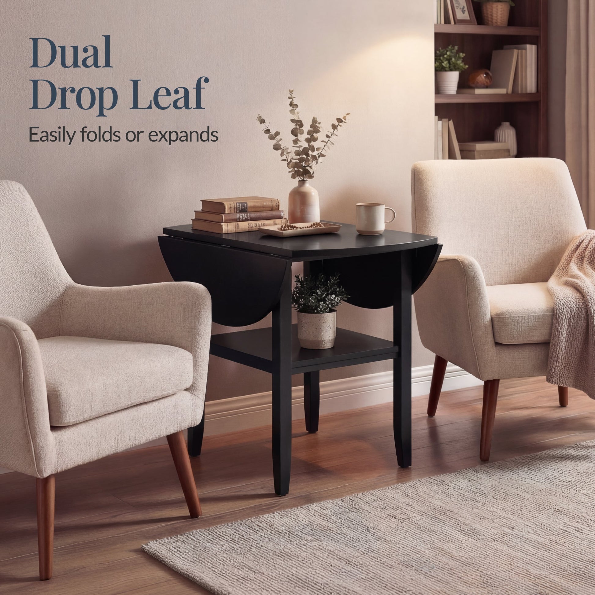 42" Round Drop Leaf Dining Table For 4, Solid Wood Table W/ Storage Shelf