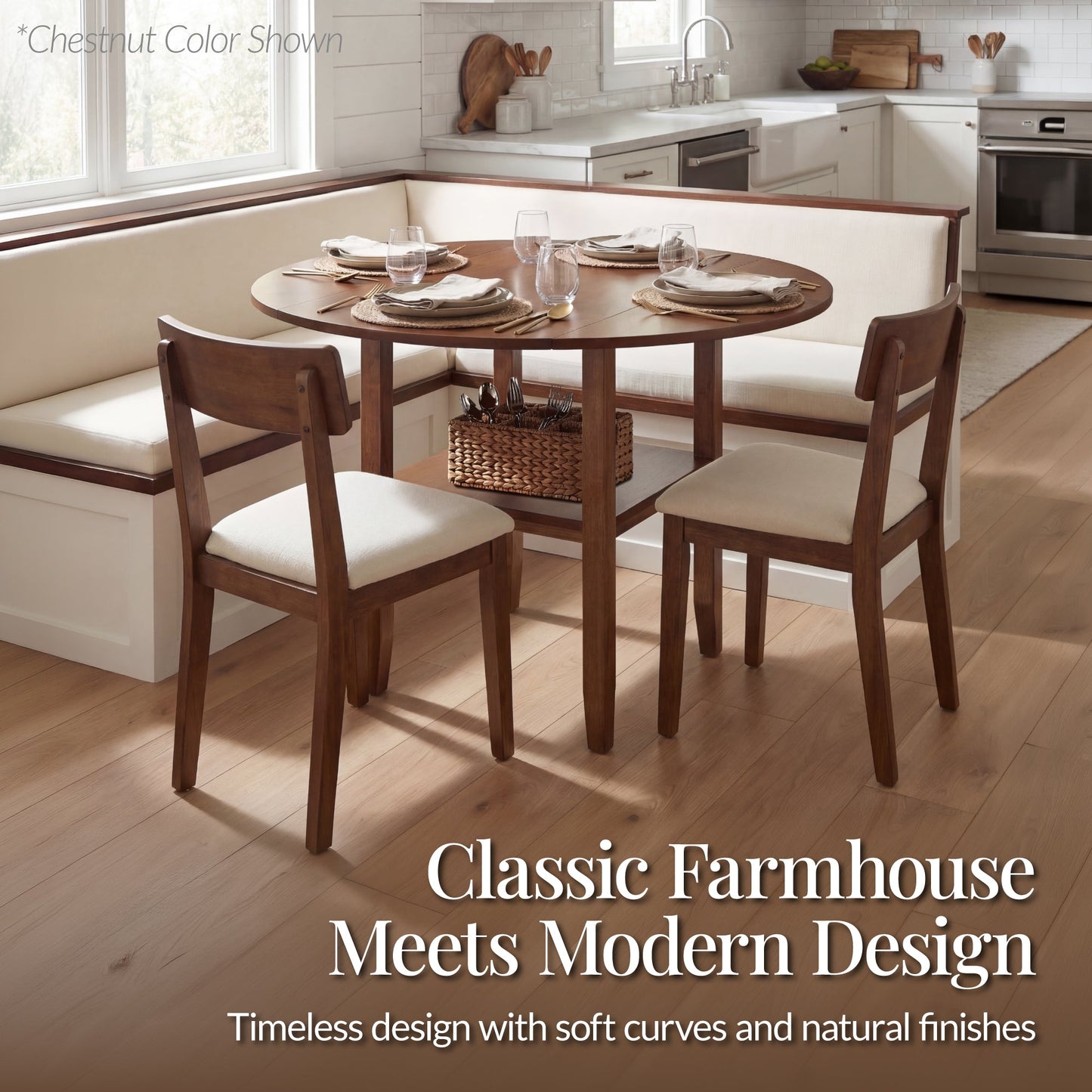 42" Round Drop Leaf Dining Table For 4, Solid Wood Table W/ Storage Shelf