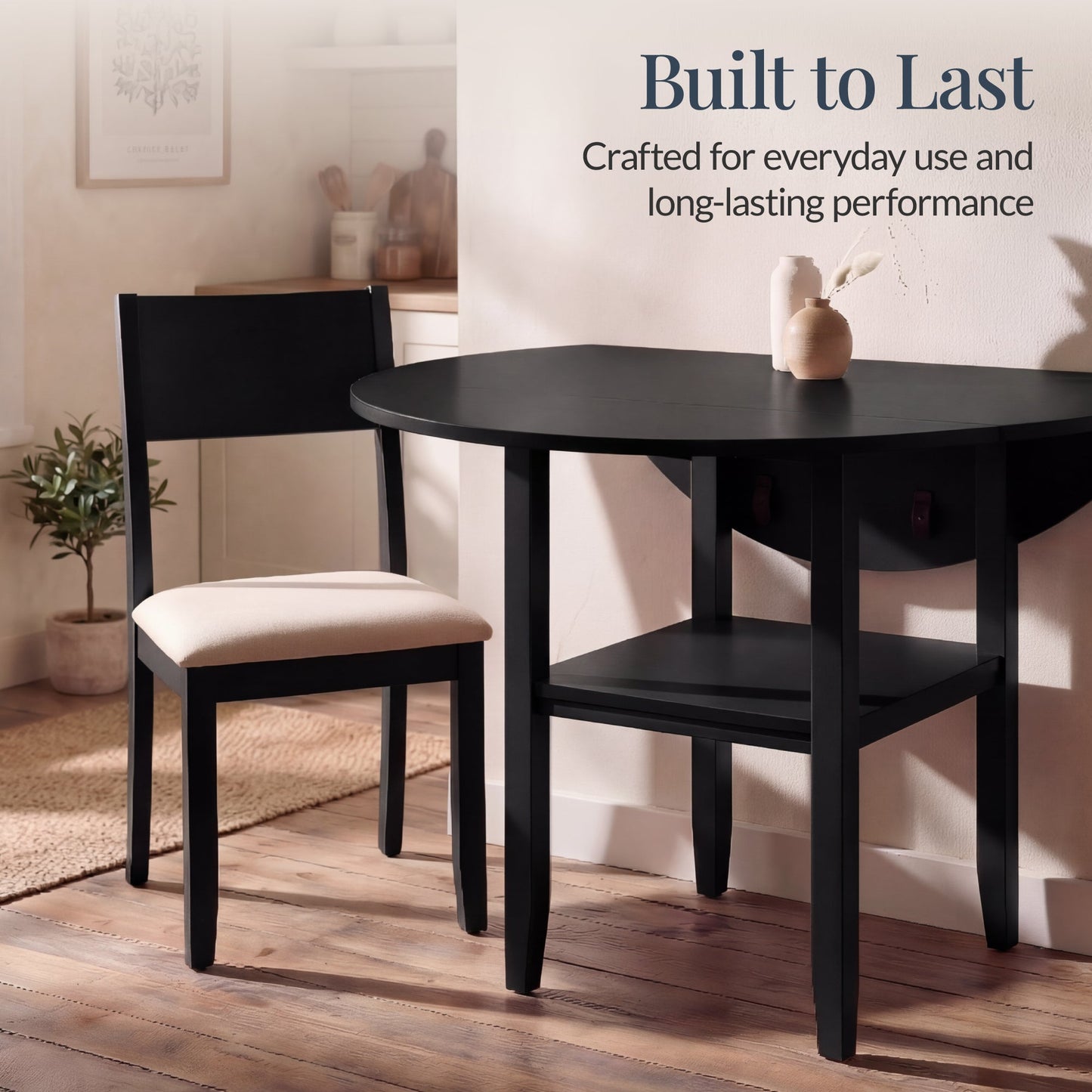 42" Round Drop Leaf Dining Table For 4, Solid Wood Table W/ Storage Shelf