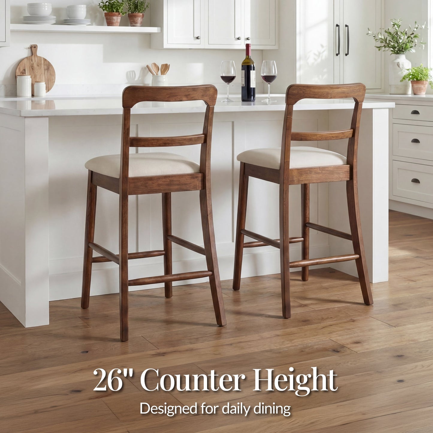 26" Counter-Height Farmhouse Wood Stools  w/ Cushion & Backrest, Set of 2