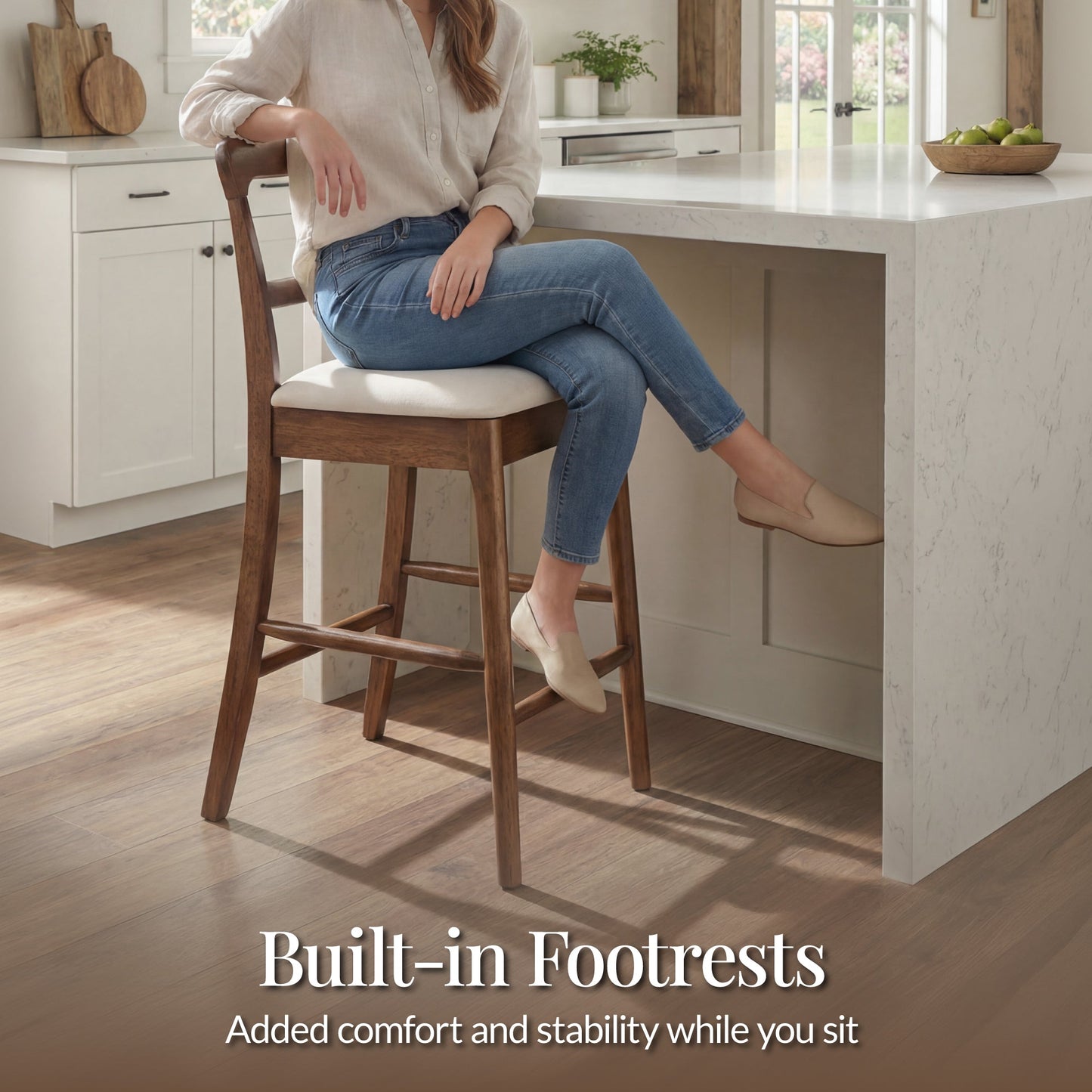 26" Counter-Height Farmhouse Wood Stools  w/ Cushion & Backrest, Set of 2