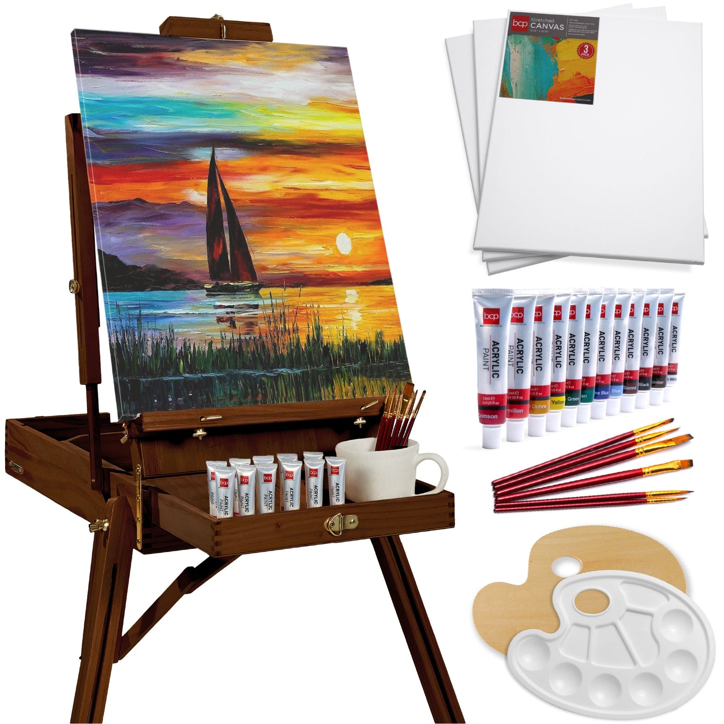 Art Easel for Painting, Portable Adjustable Tripod with 32-Piece Art Set