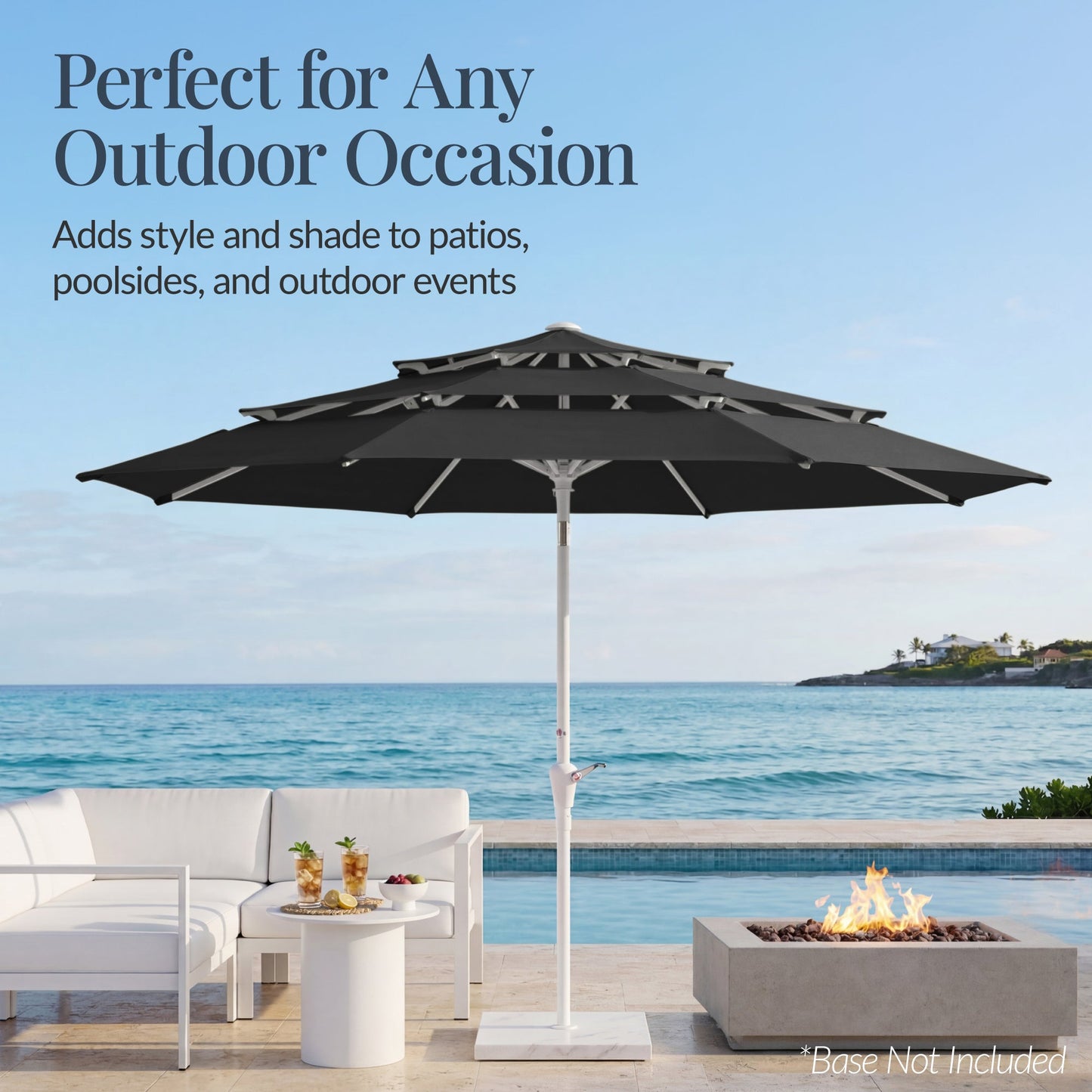 10ft 3-Tier Patio Market Umbrella White Pole, Push Button Tilt, Crank Lift