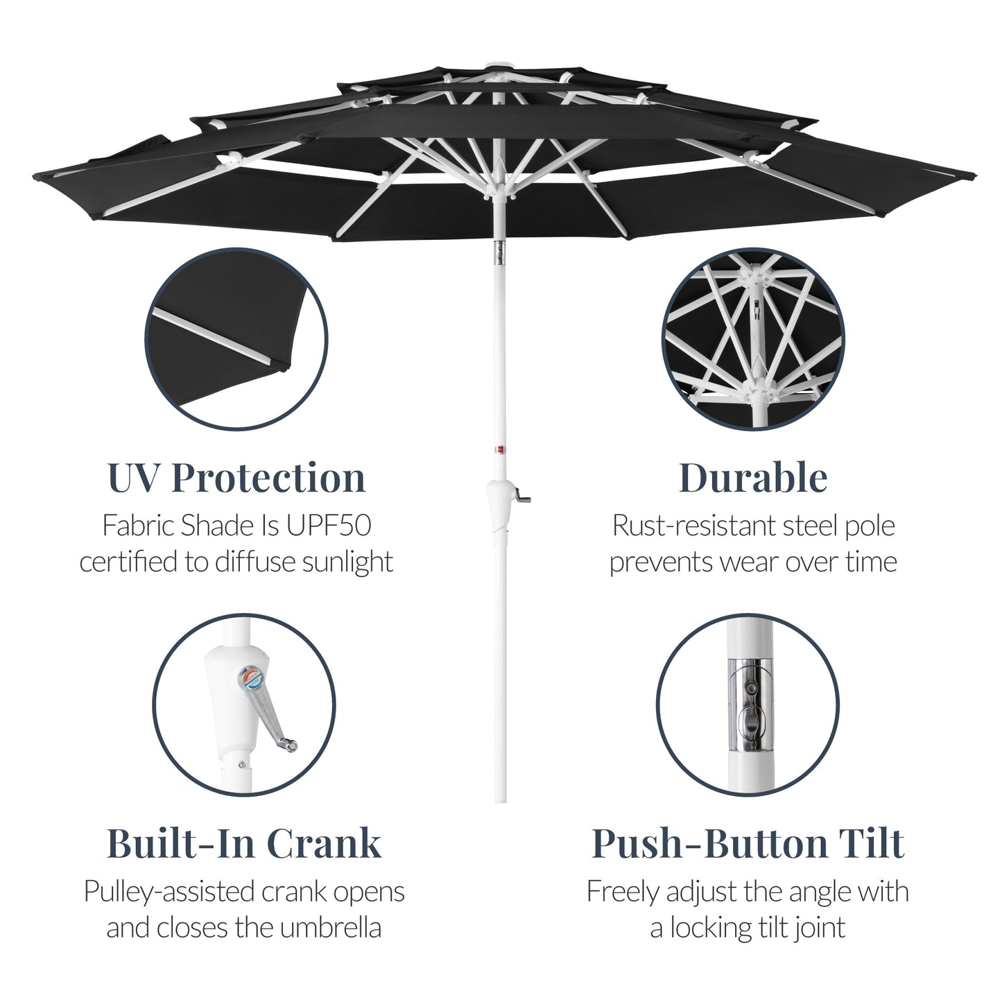 10ft 3-Tier Patio Market Umbrella White Pole, Push Button Tilt, Crank Lift