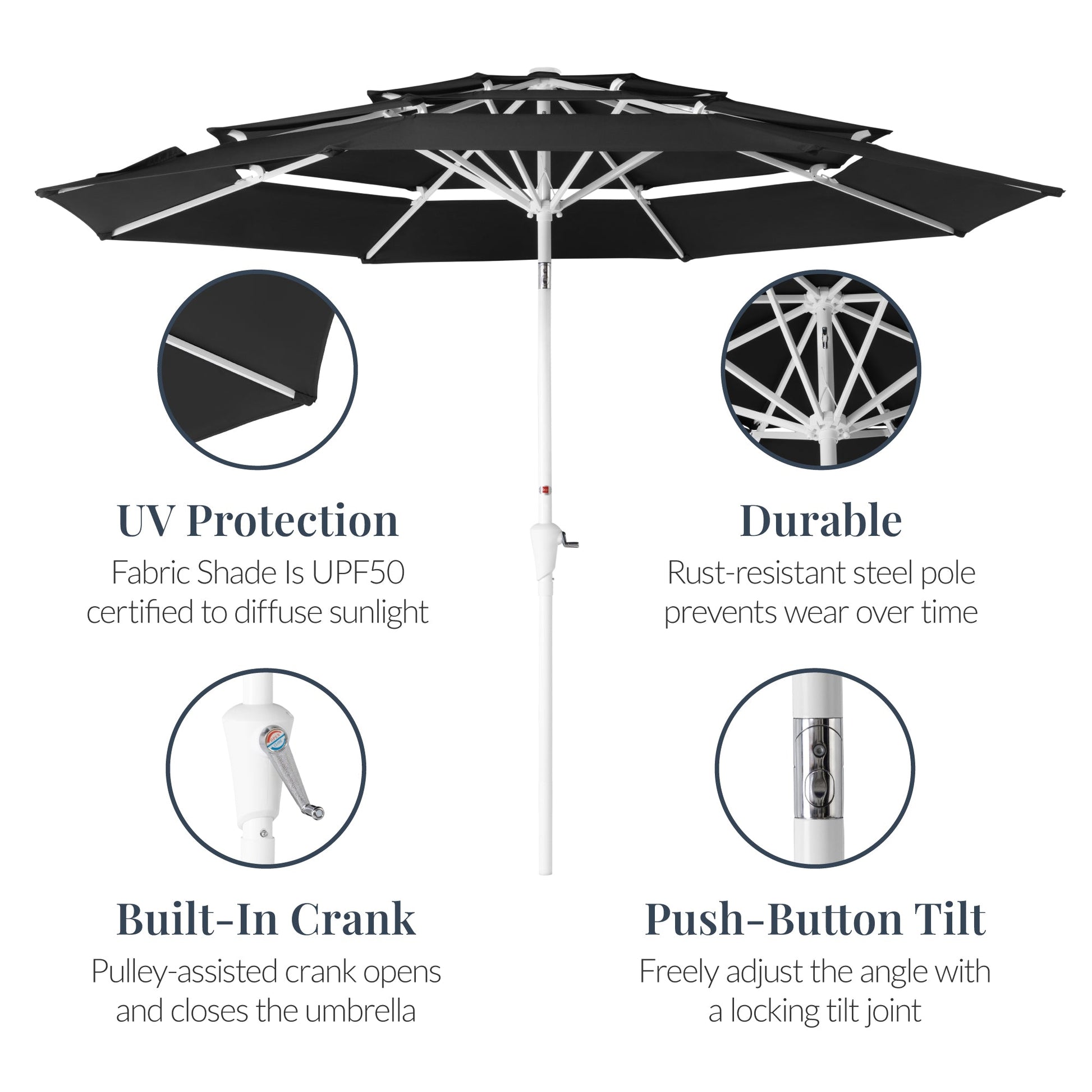 10ft 3-Tier Patio Market Umbrella White Pole, Push Button Tilt, Crank Lift