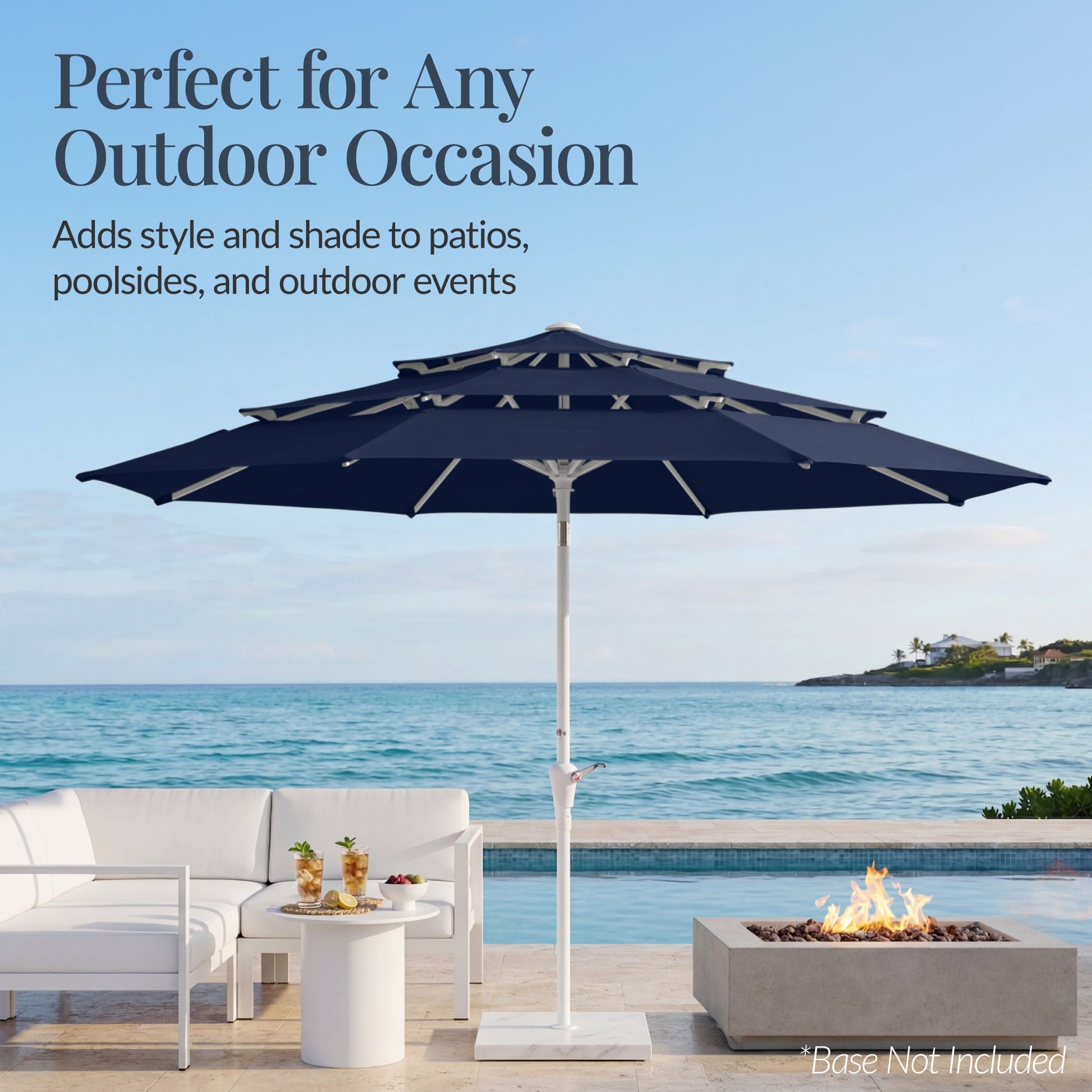 10ft 3-Tier Patio Market Umbrella White Pole, Push Button Tilt, Crank Lift