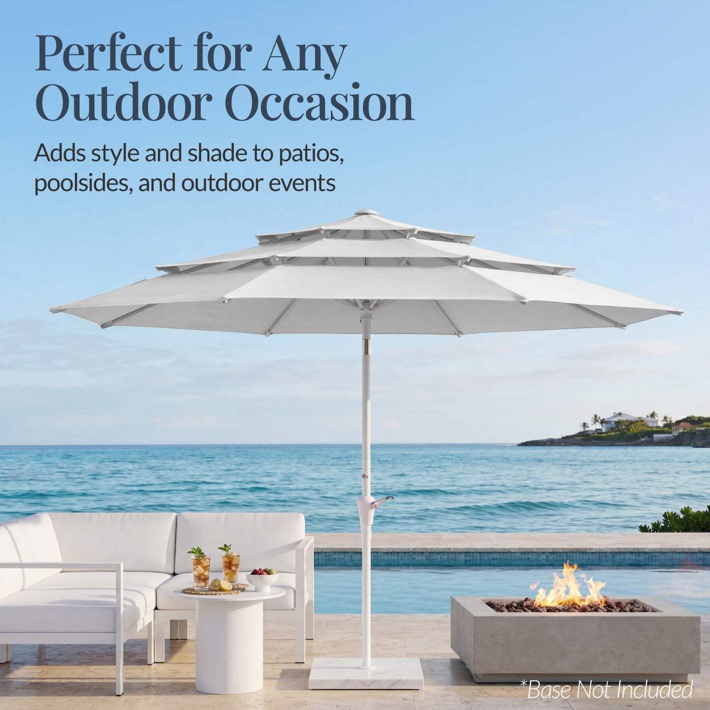 10ft 3-Tier Patio Market Umbrella White Pole, Push Button Tilt, Crank Lift