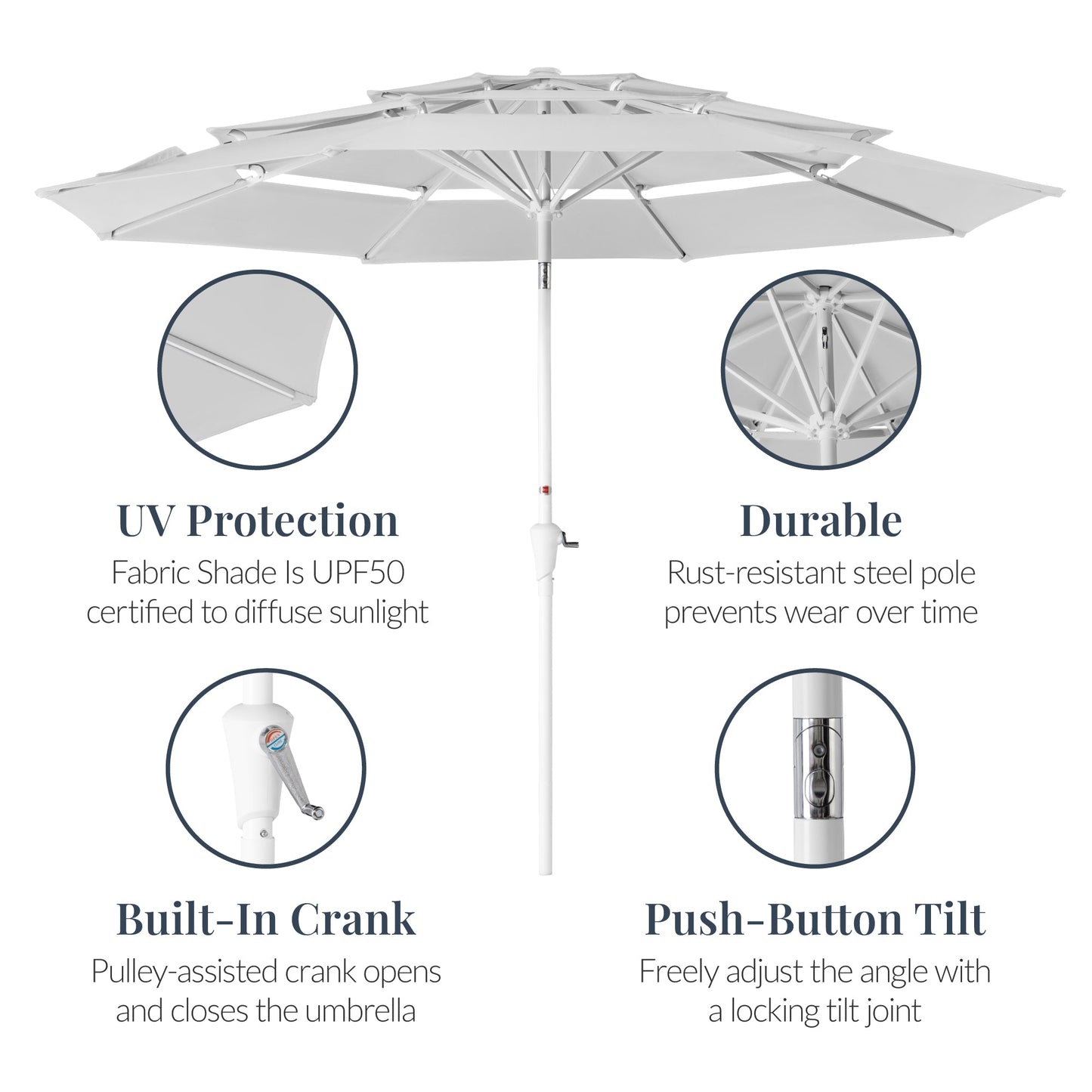 10ft 3-Tier Patio Market Umbrella White Pole, Push Button Tilt, Crank Lift