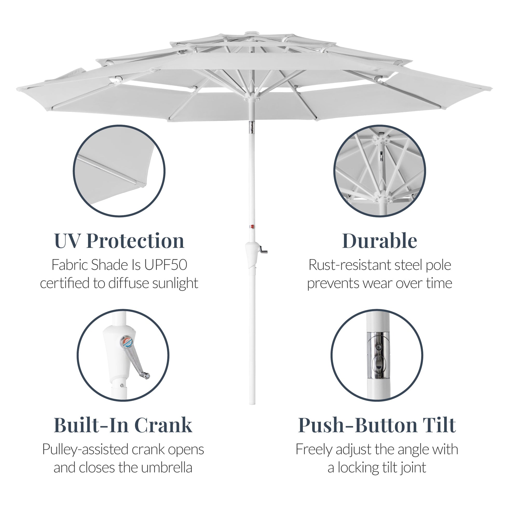 10ft 3-Tier Patio Market Umbrella White Pole, Push Button Tilt, Crank Lift