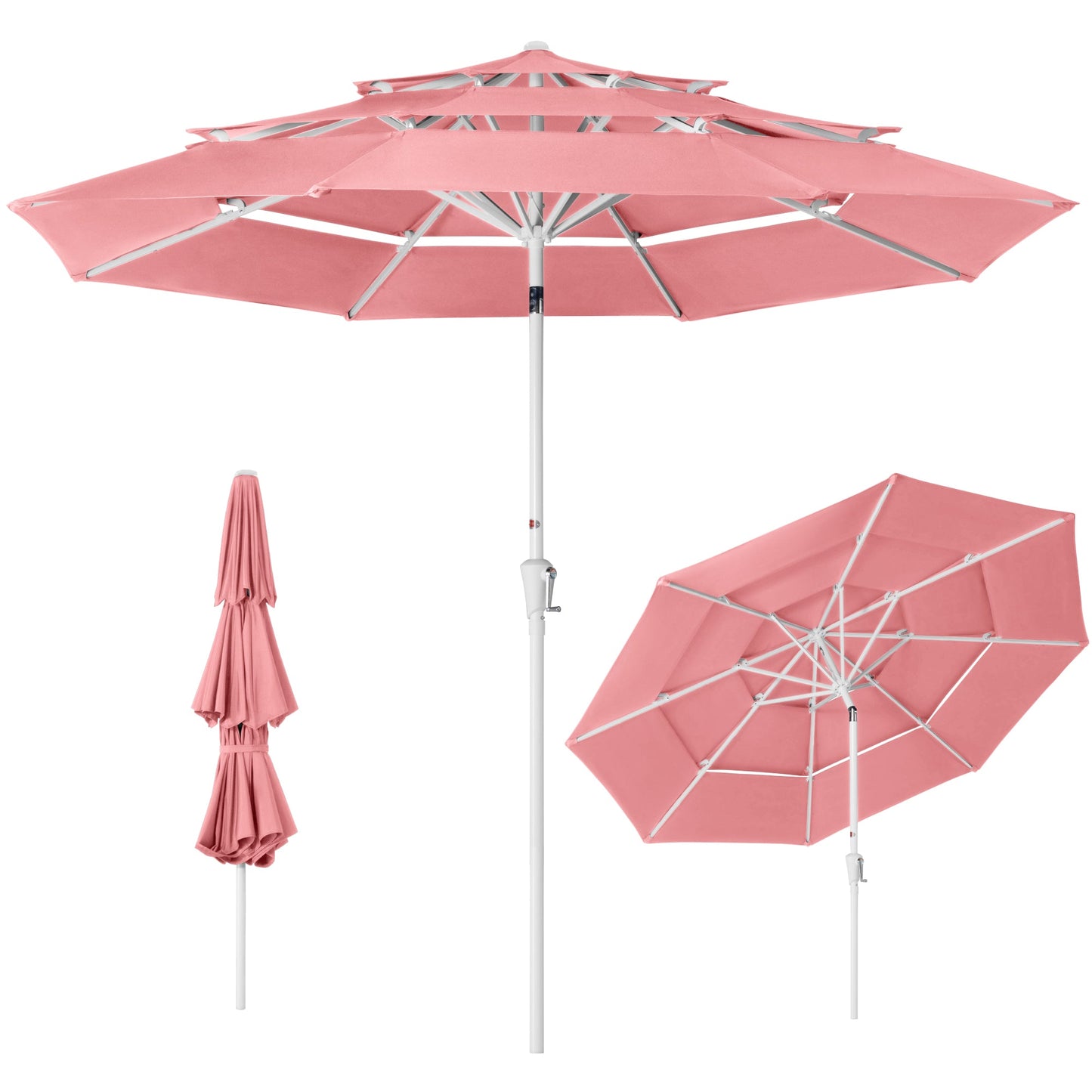 10ft 3-Tier Patio Market Umbrella White Pole, Push Button Tilt, Crank Lift