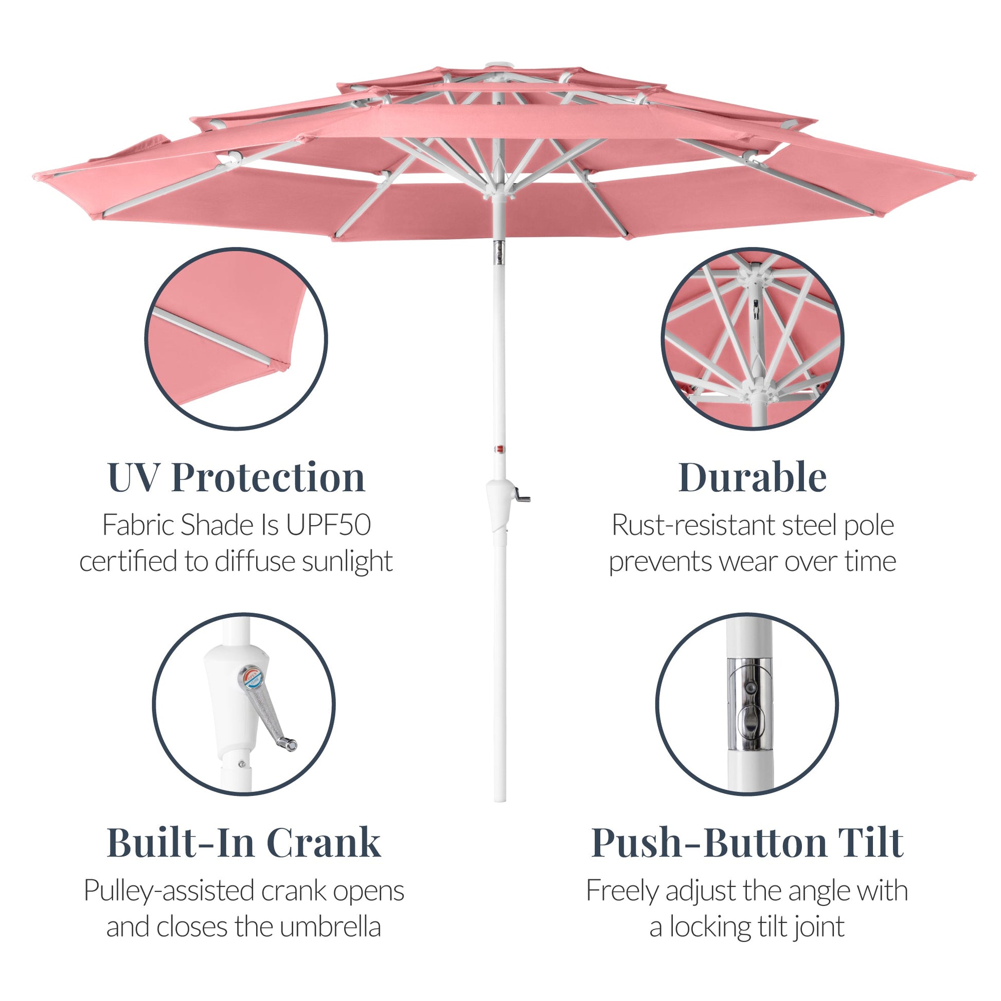 10ft 3-Tier Patio Market Umbrella White Pole, Push Button Tilt, Crank Lift