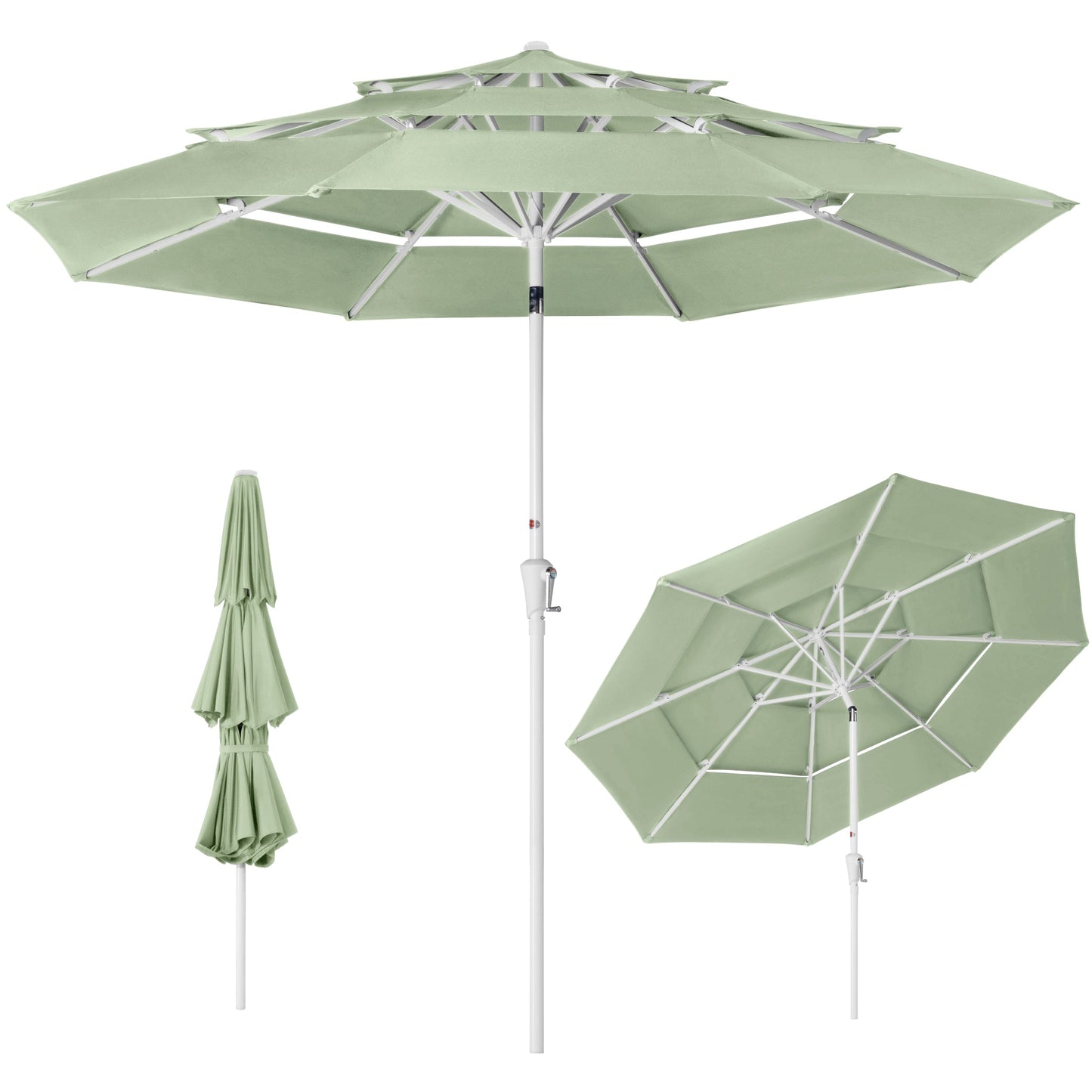10ft 3-Tier Patio Market Umbrella White Pole, Push Button Tilt, Crank Lift