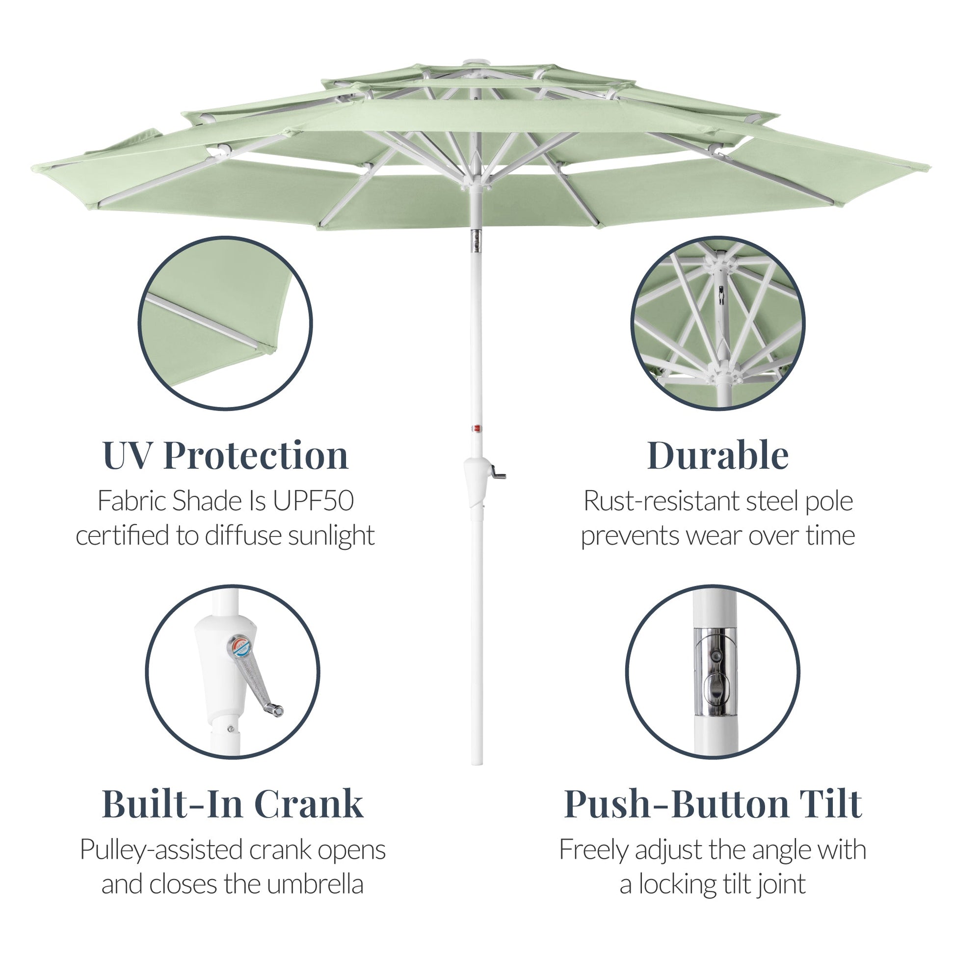 10ft 3-Tier Patio Market Umbrella White Pole, Push Button Tilt, Crank Lift