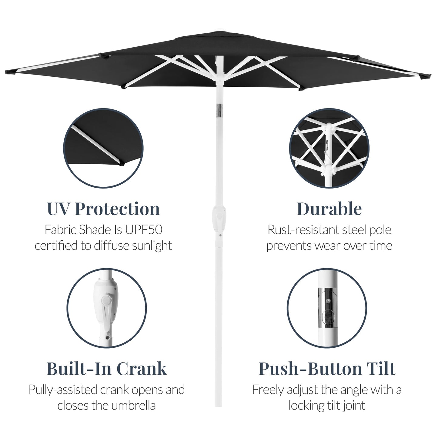 7.5ft Patio Market Umbrella with White Pole, Push Button Tilt and Crank Lift