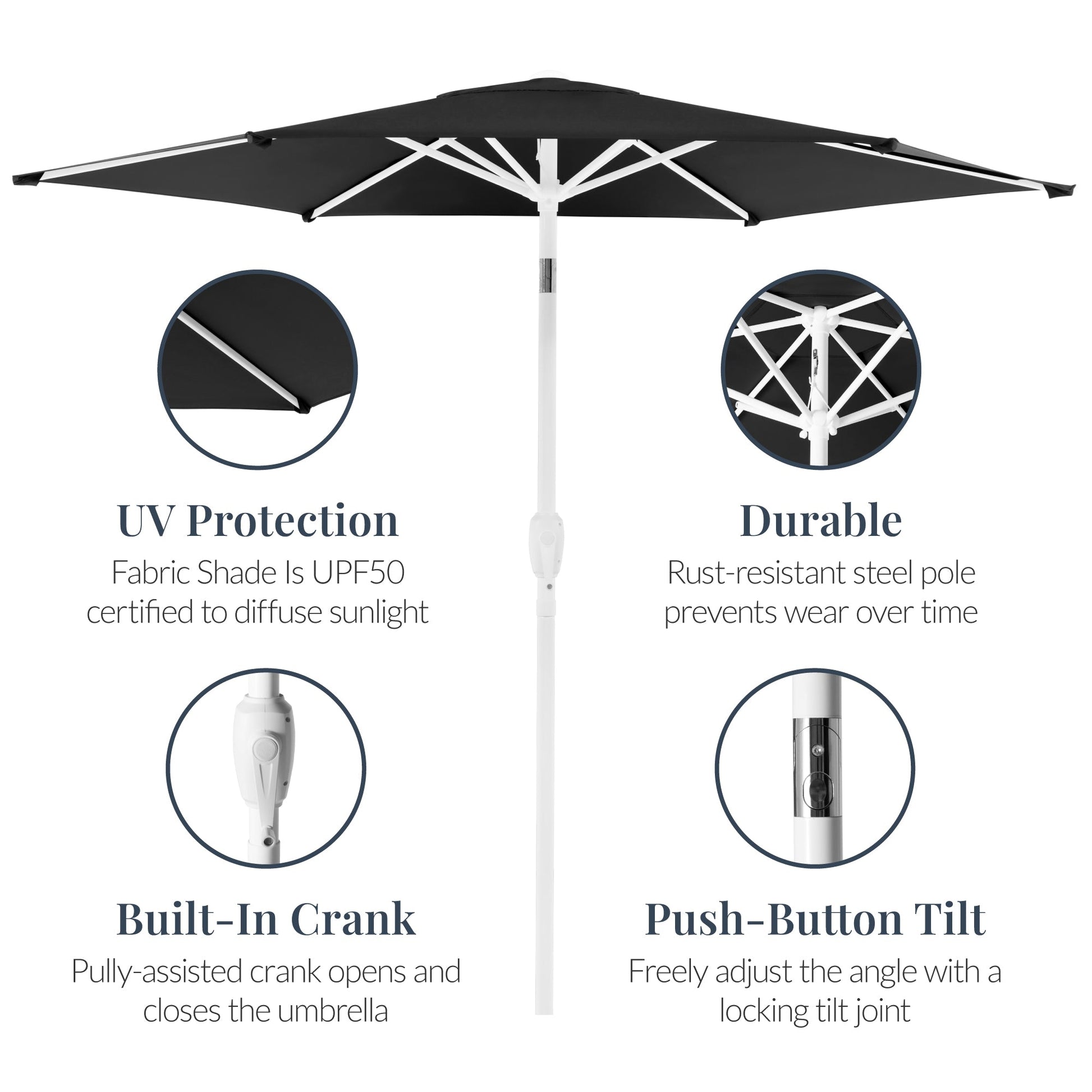 7.5ft Patio Market Umbrella with White Pole, Push Button Tilt and Crank Lift