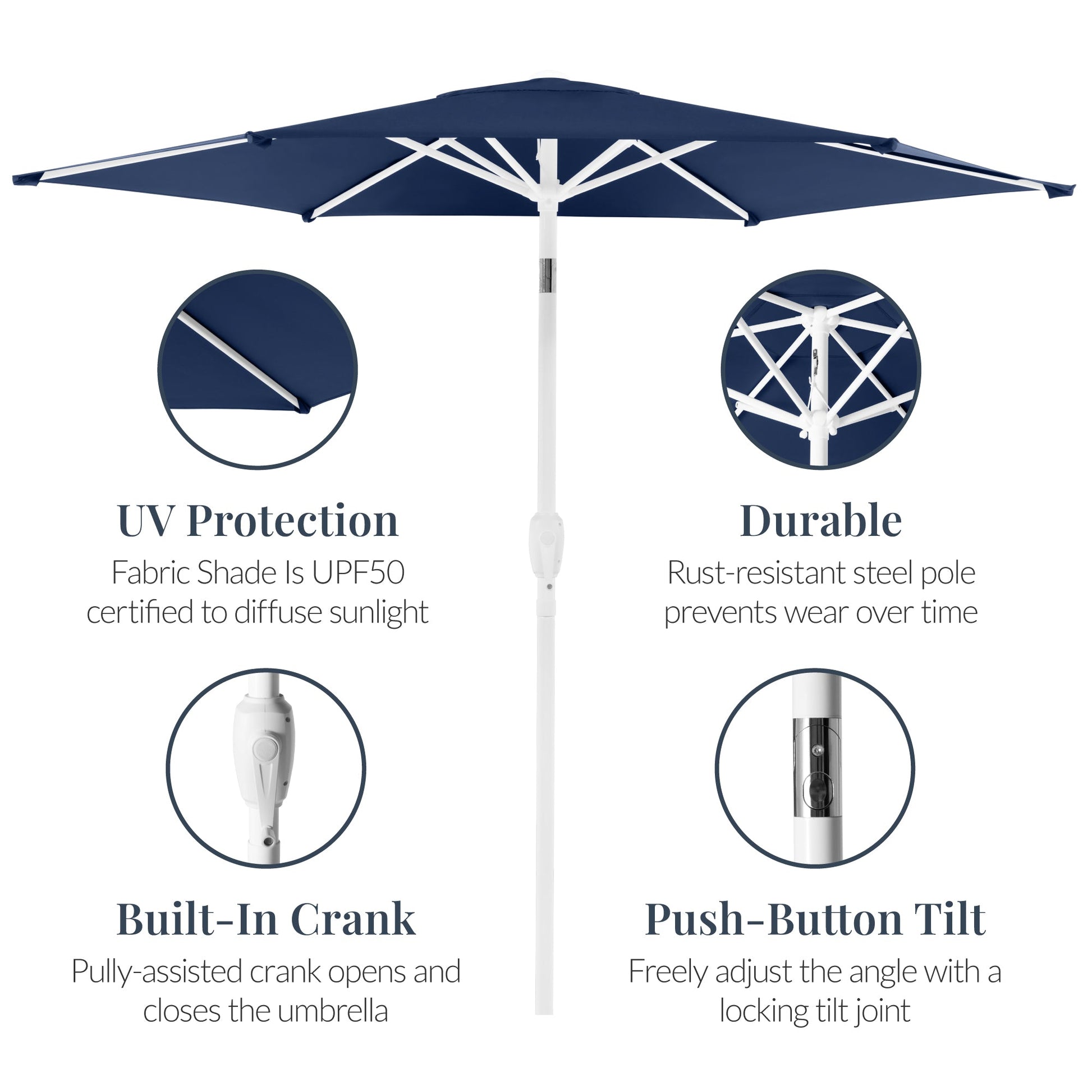7.5ft Patio Market Umbrella with White Pole, Push Button Tilt and Crank Lift