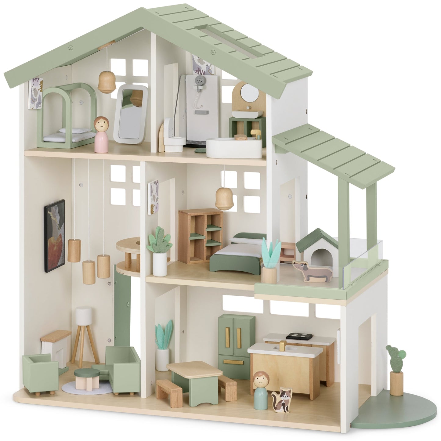 Pretend Play Wooden Doll House w/ 40 Accessories, Modern Toy Playset