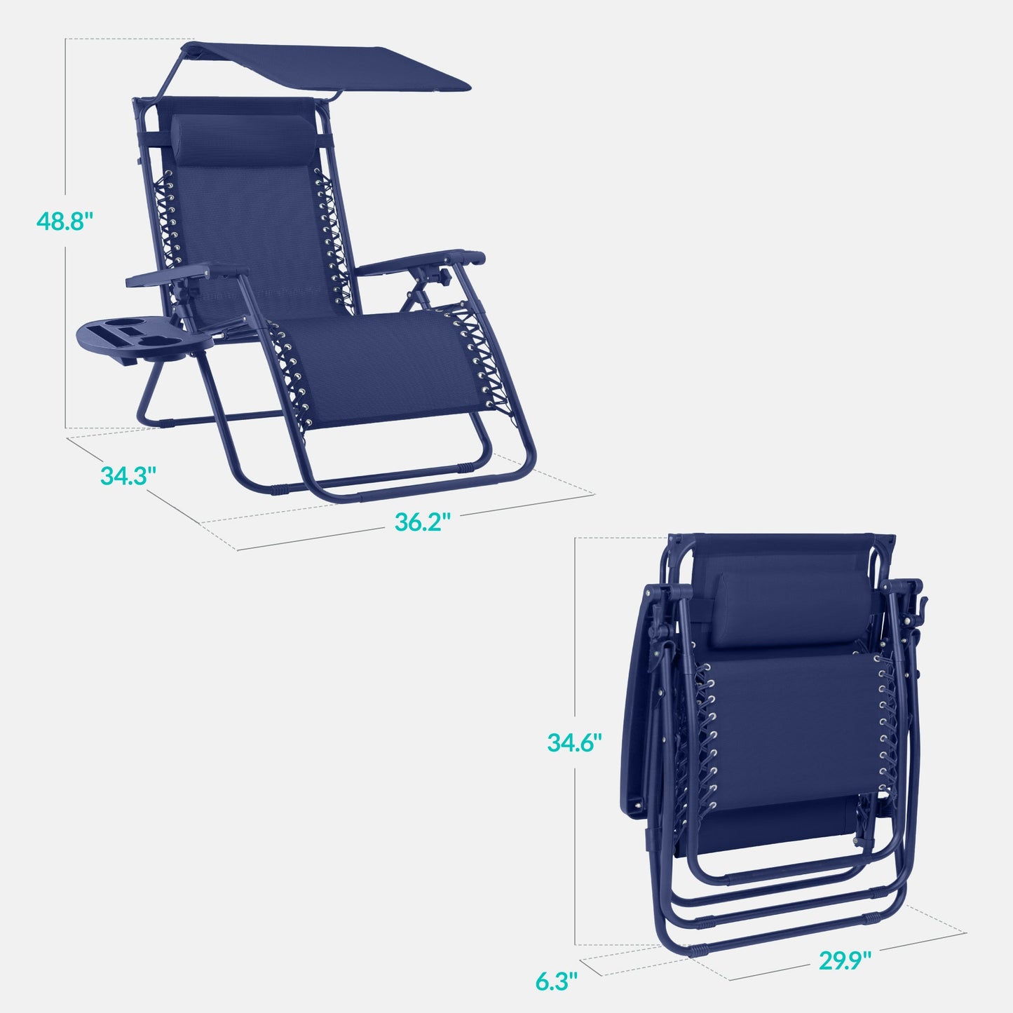 30" Wide Folding Zero Gravity Patio Lounge Chair w/Adjustable Canopy Shade