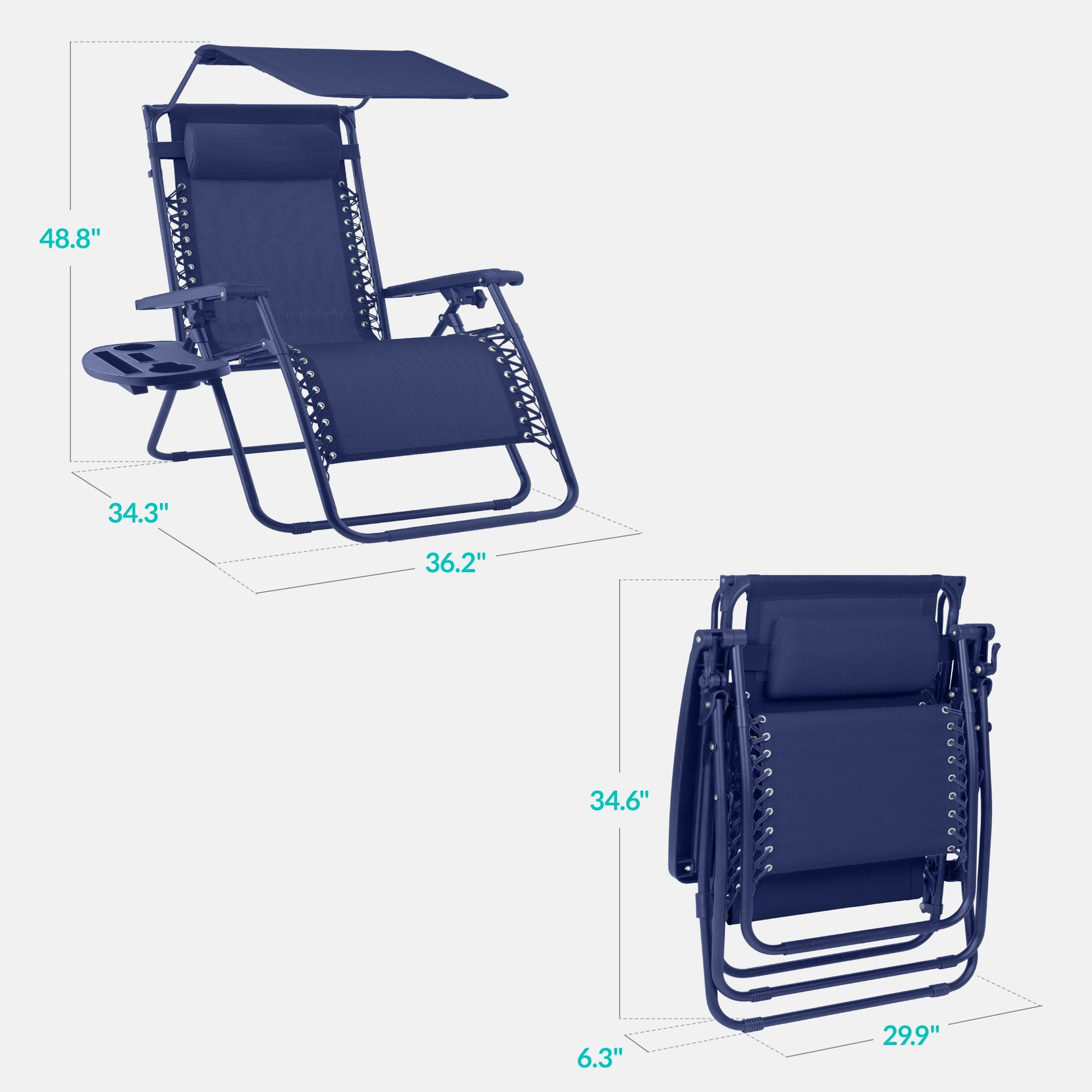 30" Wide Folding Zero Gravity Patio Lounge Chair w/Adjustable Canopy Shade