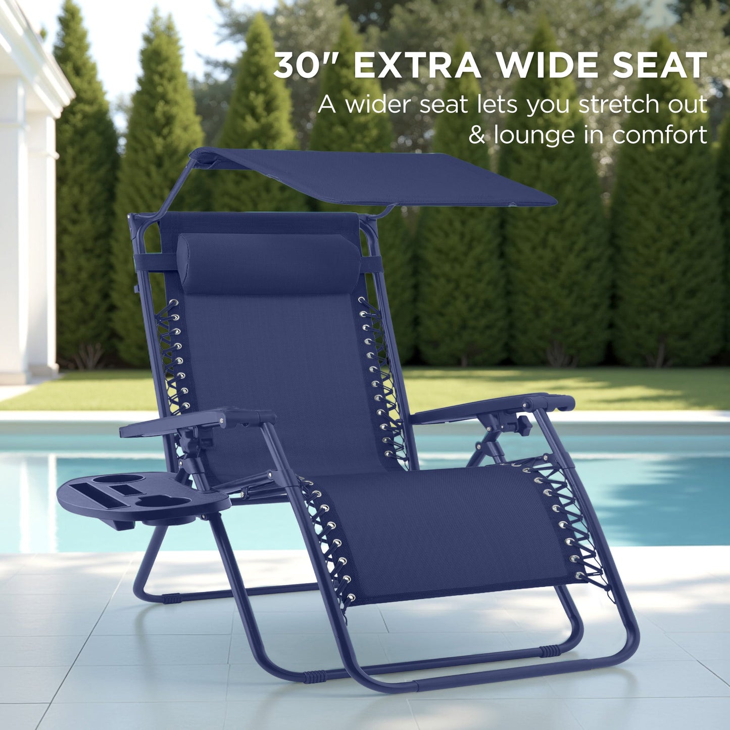 30" Wide Folding Zero Gravity Patio Lounge Chair w/Adjustable Canopy Shade