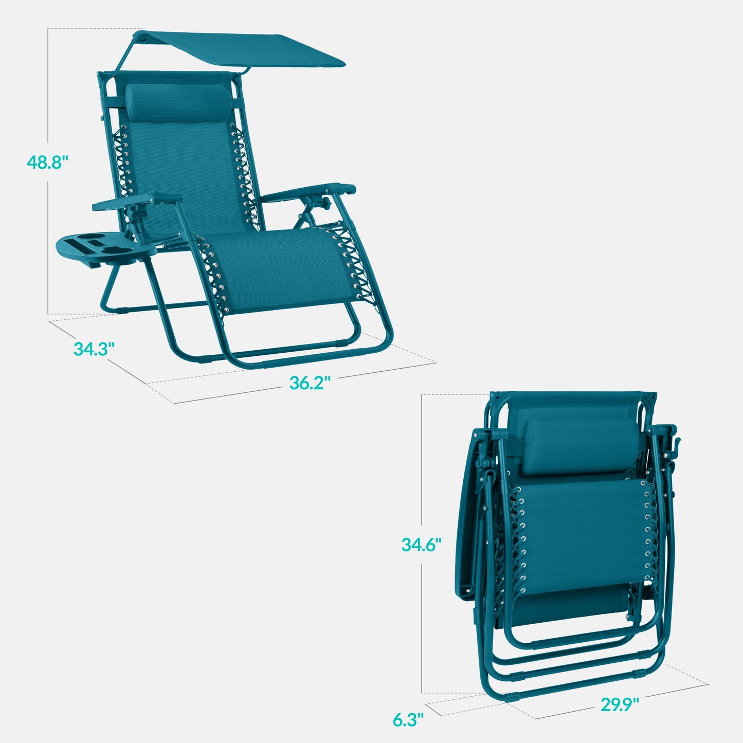 30" Wide Folding Zero Gravity Patio Lounge Chair w/Adjustable Canopy Shade