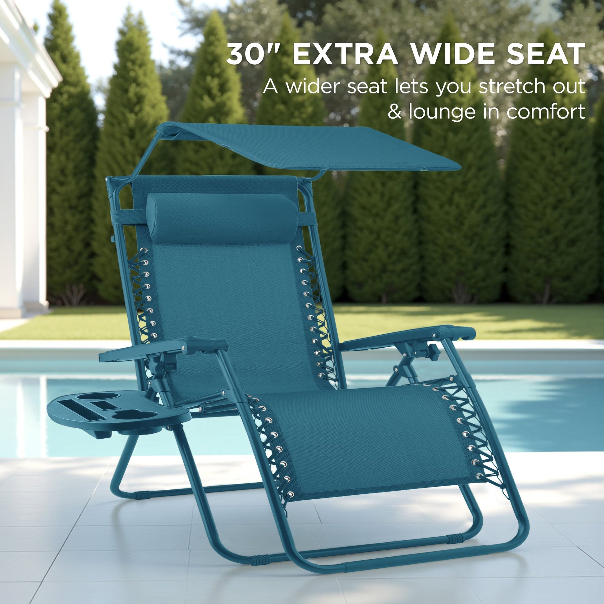 30" Wide Folding Zero Gravity Patio Lounge Chair w/Adjustable Canopy Shade