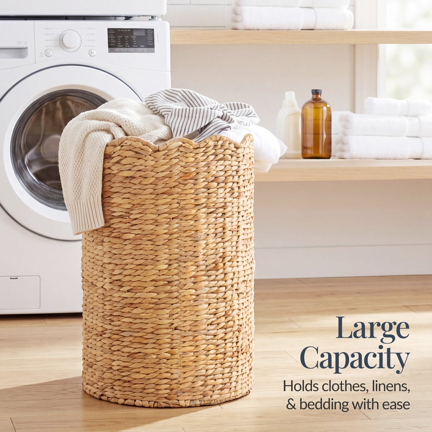 Scalloped Large Round Laundry Hamper, Handwoven Laundry Basket