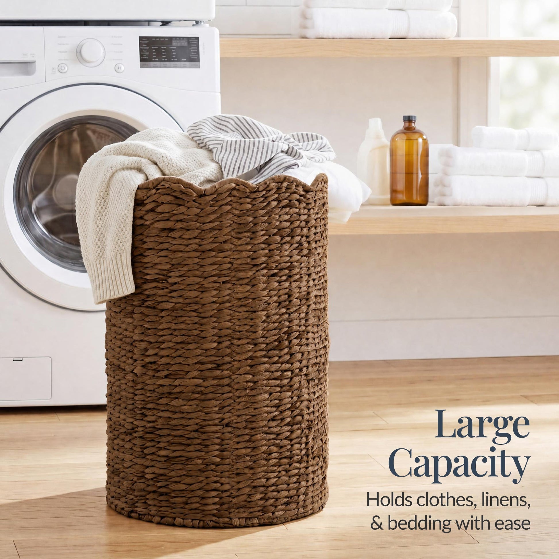 Scalloped Large Round Laundry Hamper, Handwoven Laundry Basket