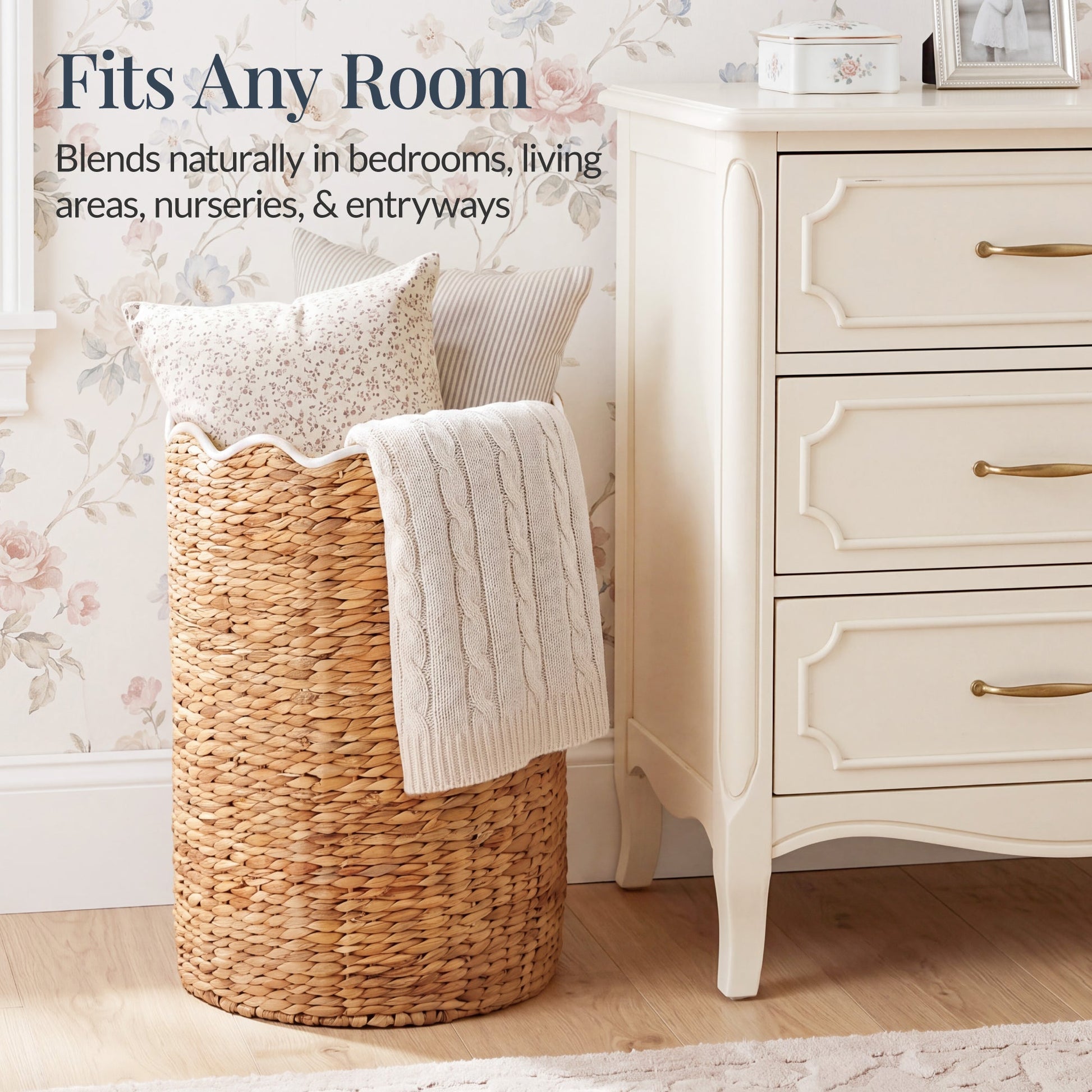 Scalloped Large Round Laundry Hamper, Handwoven Laundry Basket