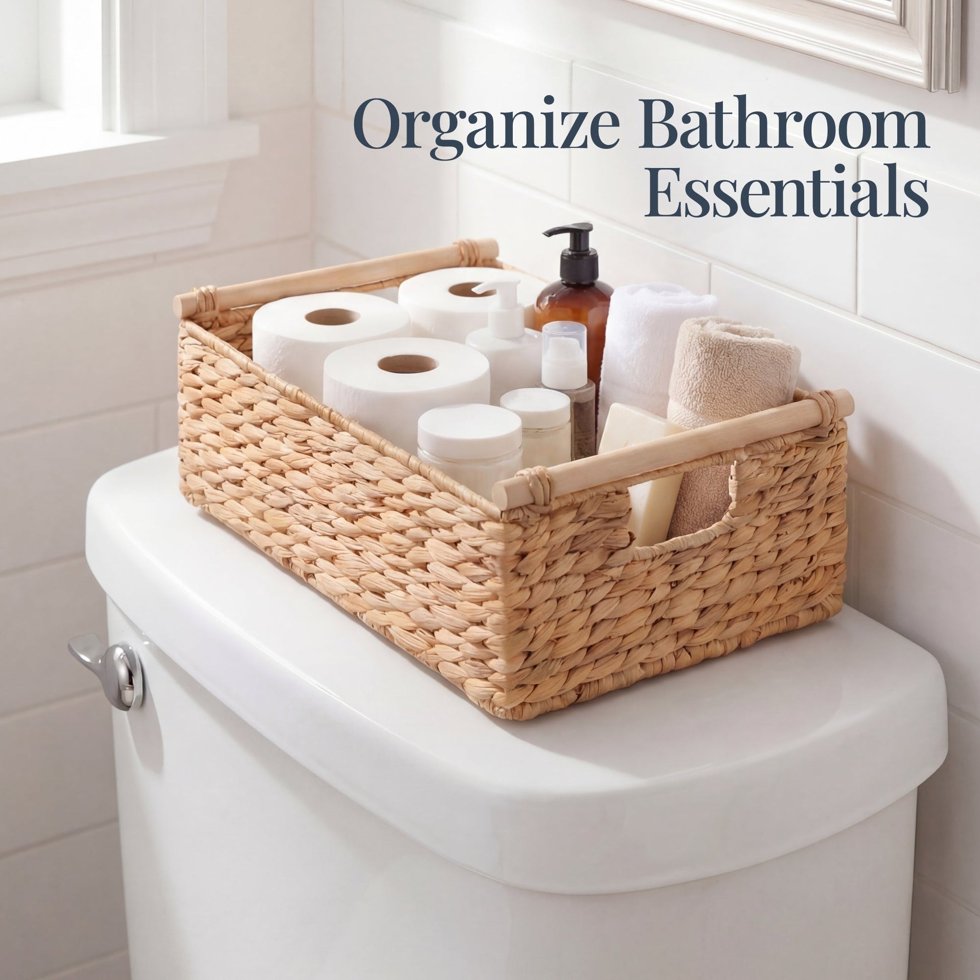 Wicker Storage Basket,  Shelf Basket w/ Wooden Handles