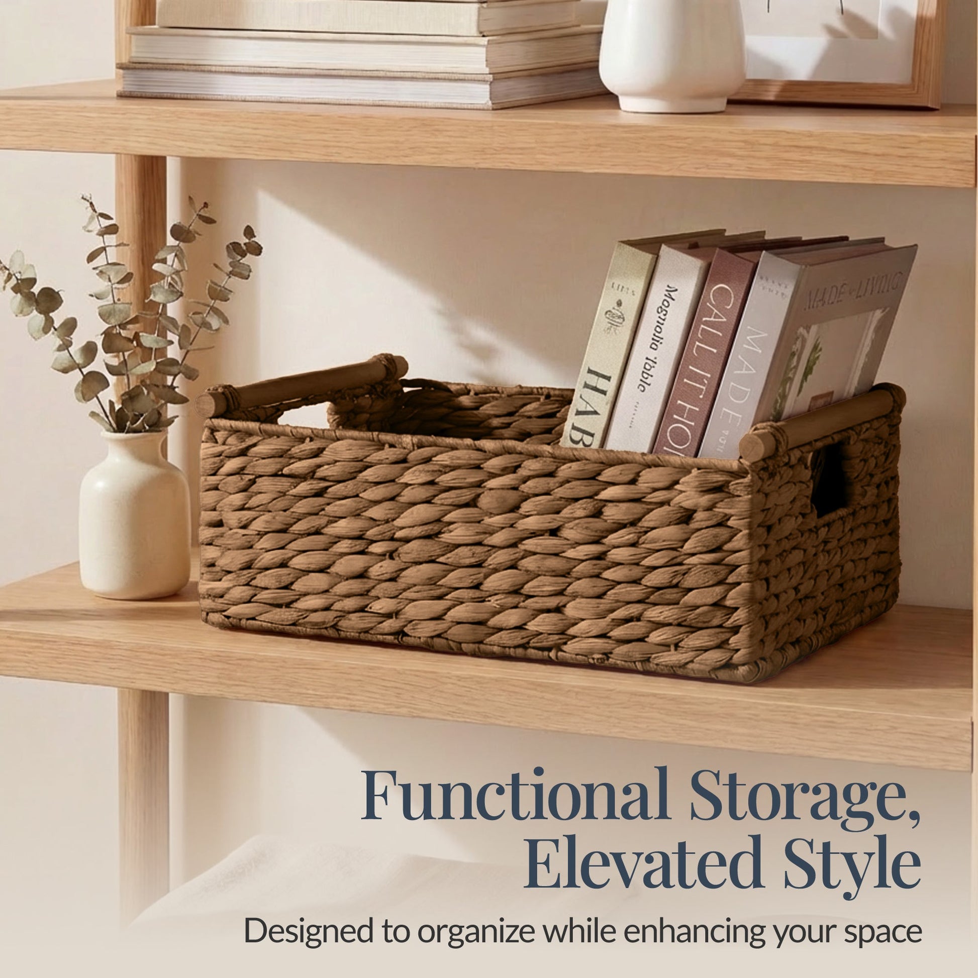 Wicker Storage Basket,  Shelf Basket w/ Wooden Handles