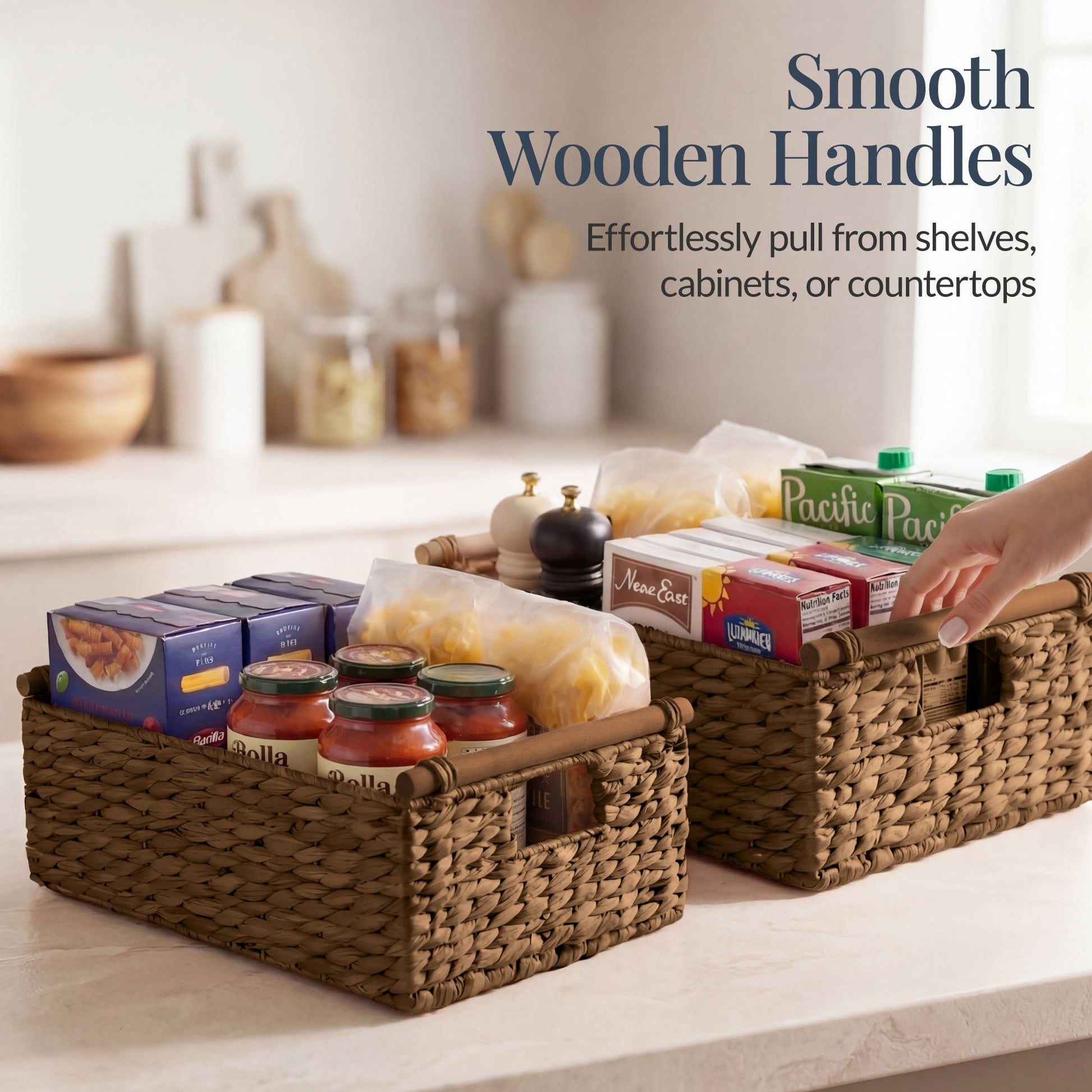 Wicker Storage Basket,  Shelf Basket w/ Wooden Handles