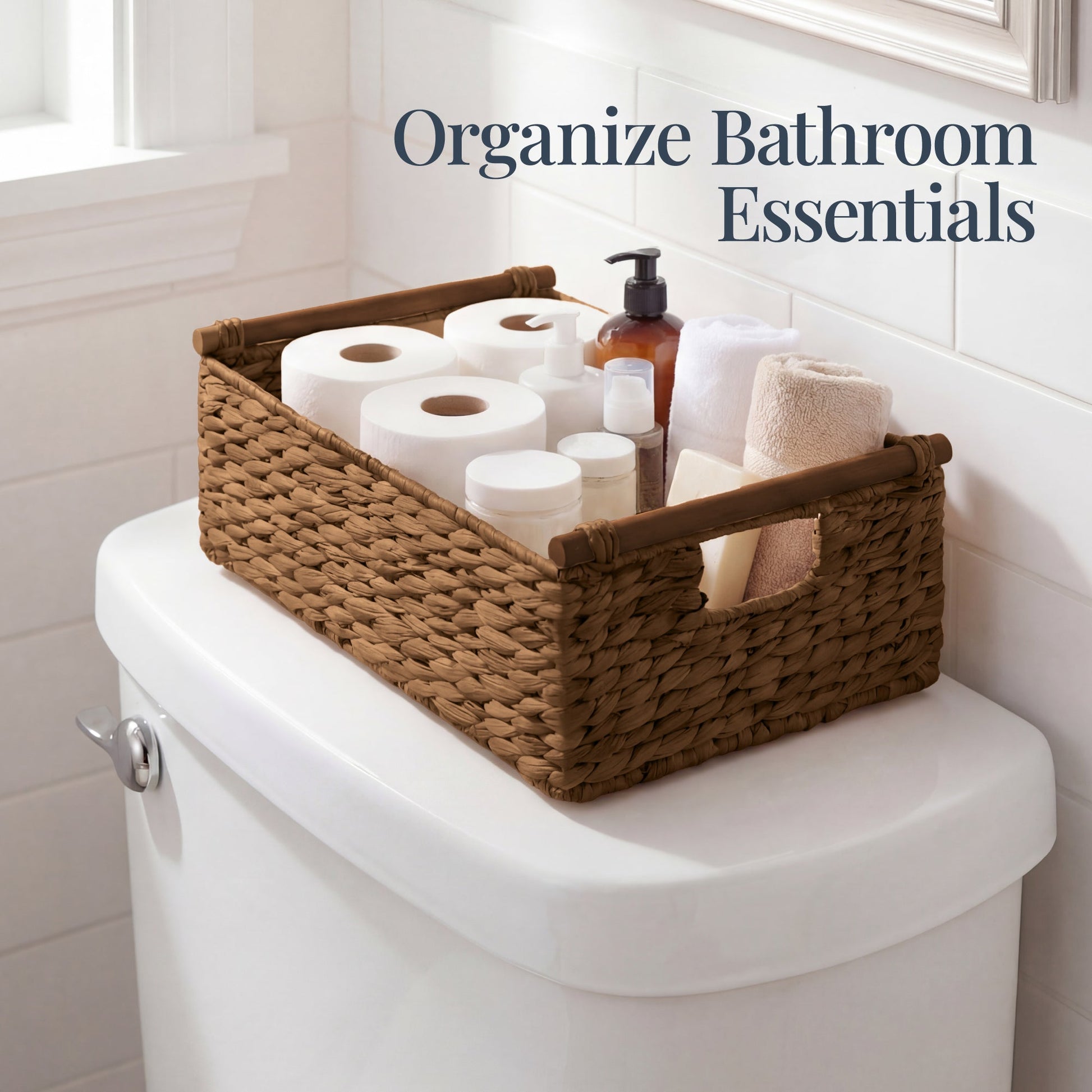 Wicker Storage Basket,  Shelf Basket w/ Wooden Handles