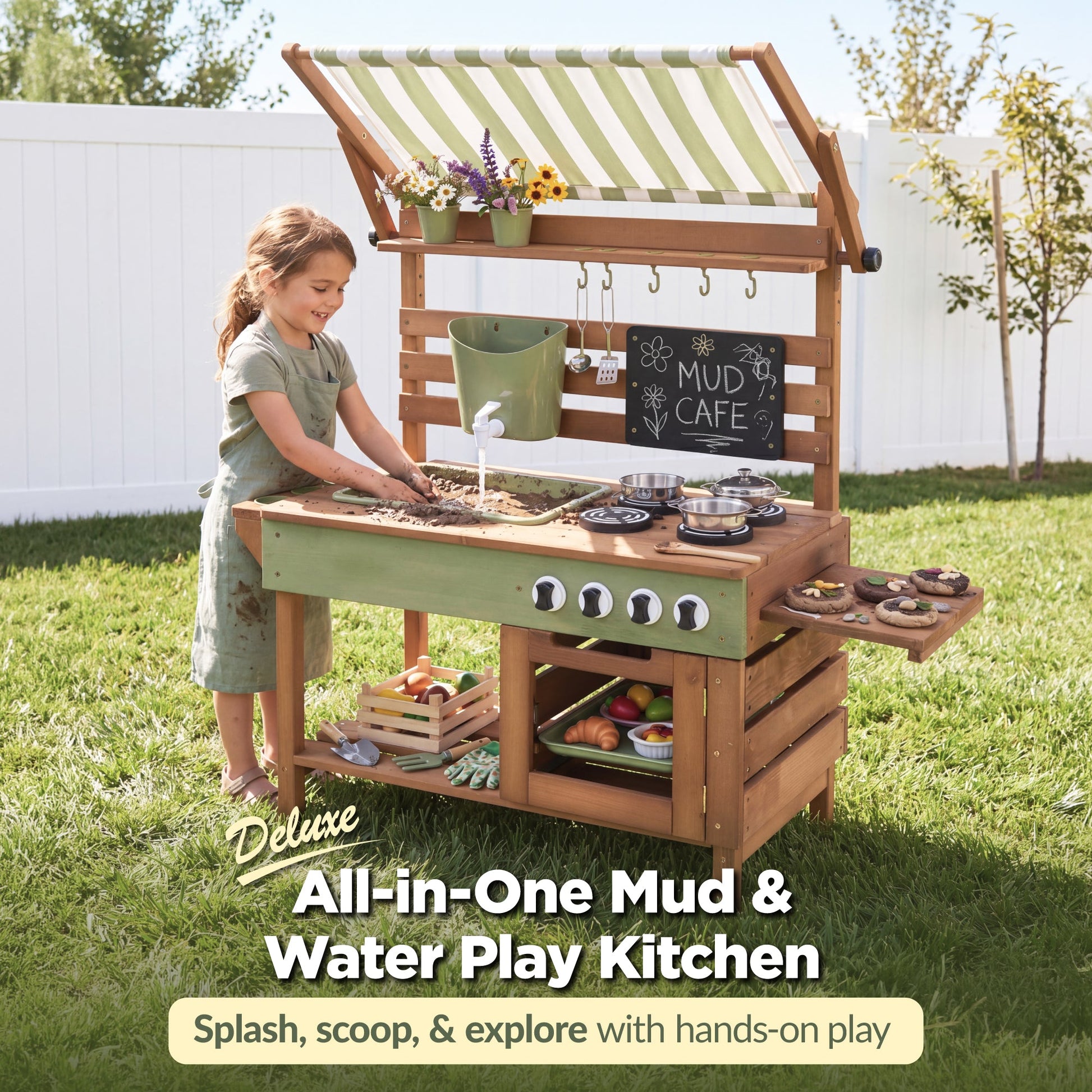 Deluxe Wooden Outdoor Mud Kitchen w/ Canopy, Sink, Faucet & 14pc Accessories