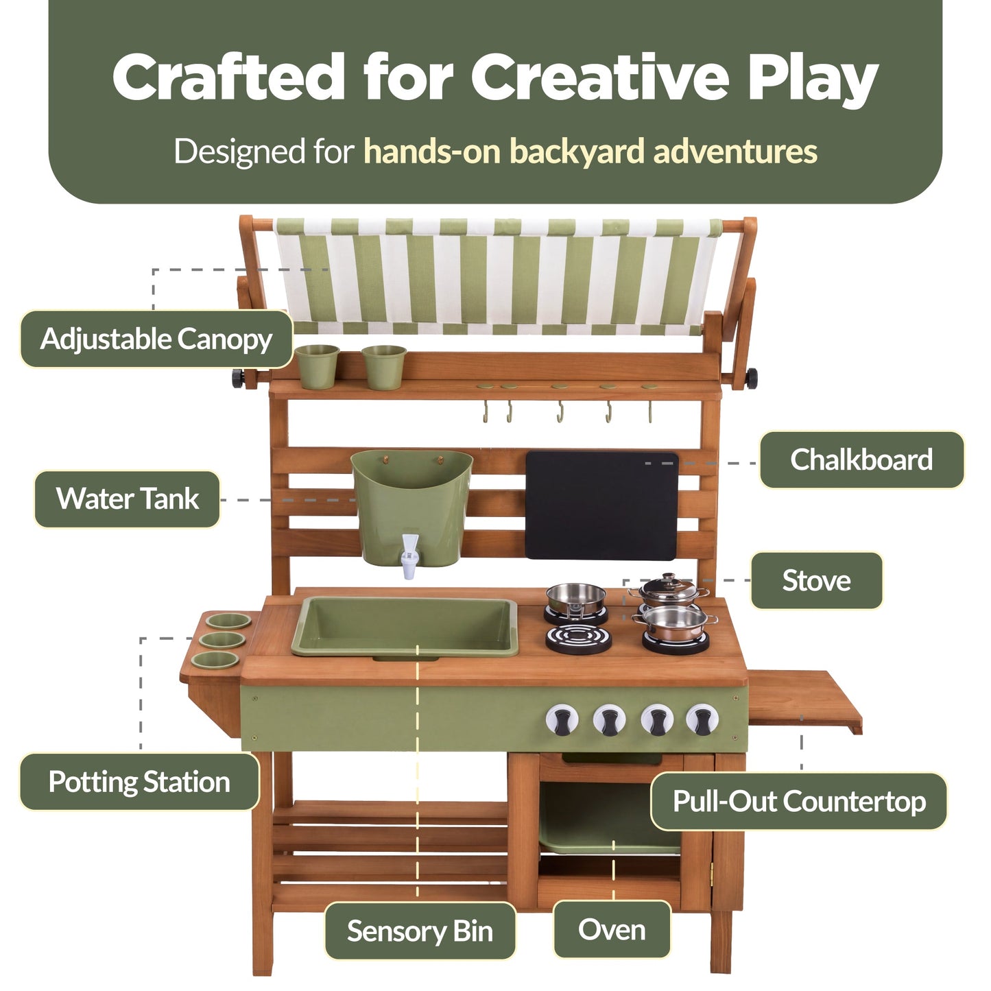 Deluxe Wooden Outdoor Mud Kitchen w/ Canopy, Sink, Faucet & 14pc Accessories