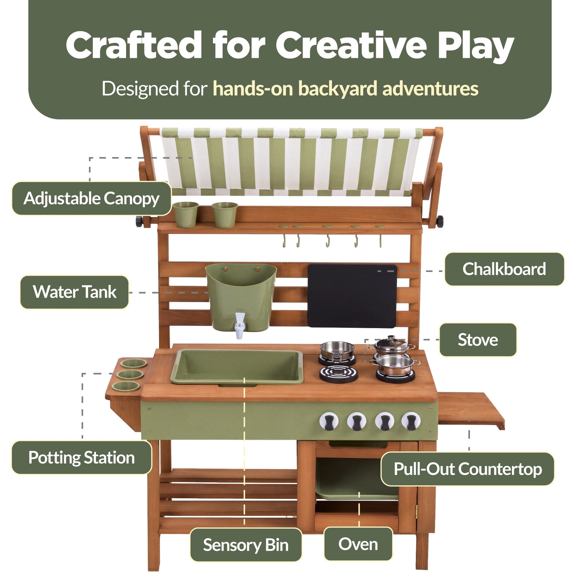 Deluxe Wooden Outdoor Mud Kitchen w/ Canopy, Sink, Faucet & 14pc Accessories
