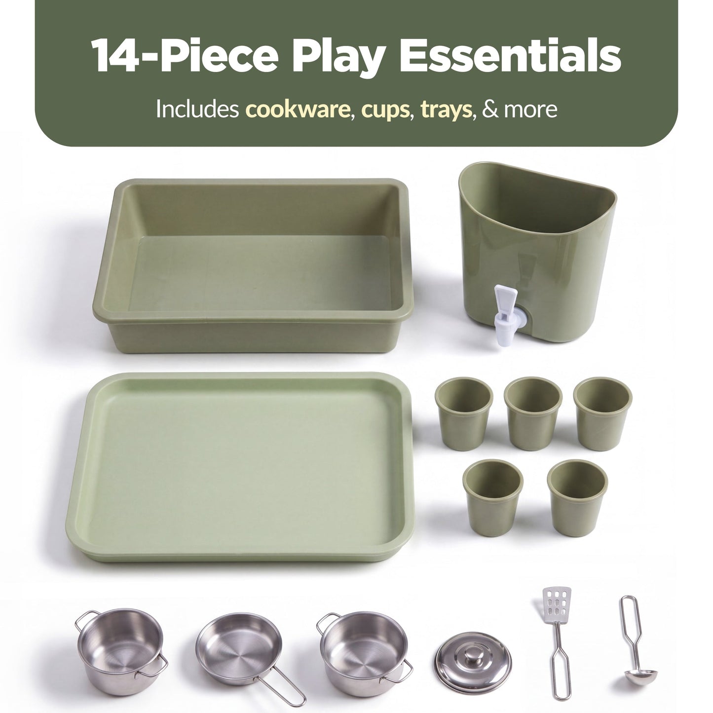 Deluxe Wooden Outdoor Mud Kitchen w/ Canopy, Sink, Faucet & 14pc Accessories