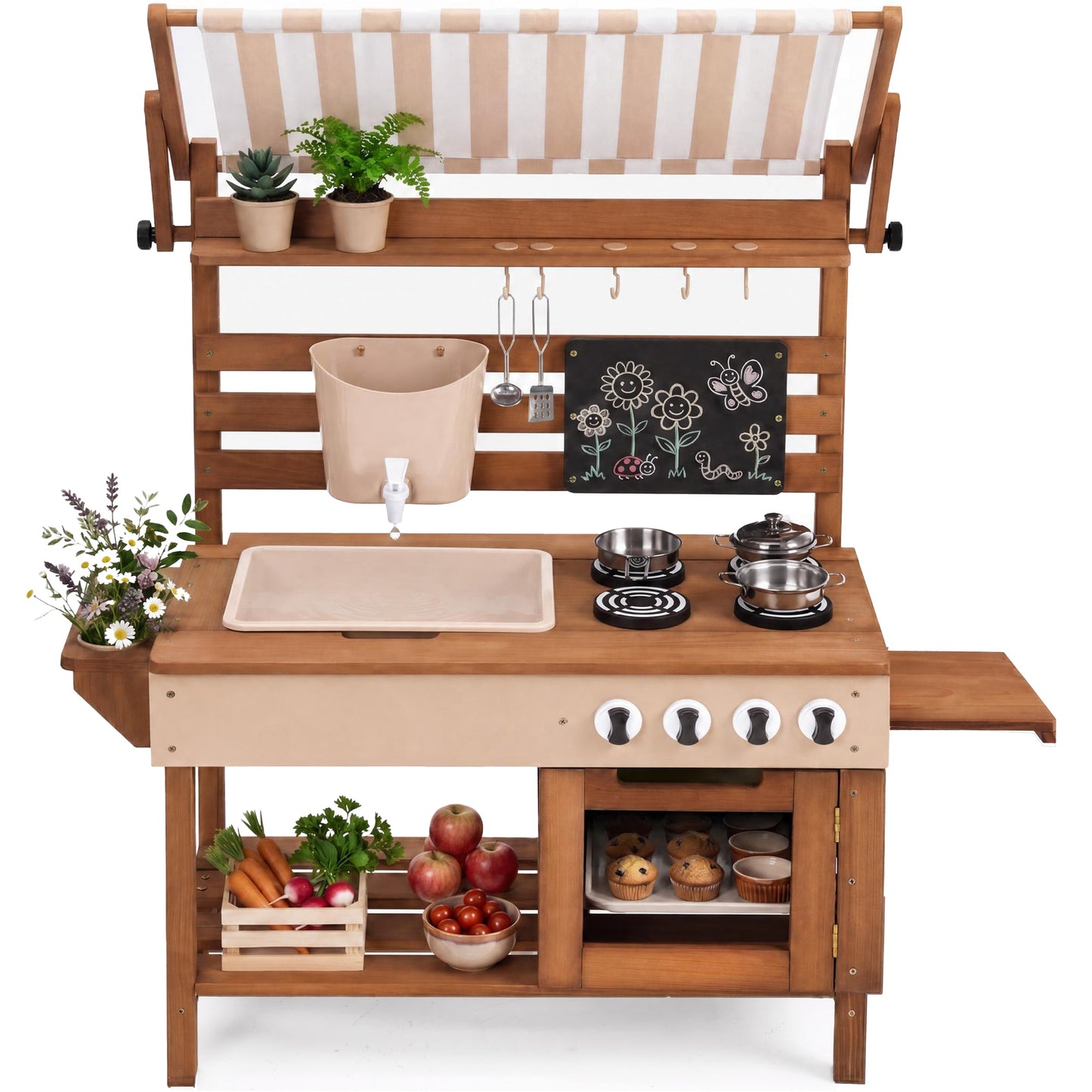 Deluxe Wooden Outdoor Mud Kitchen w/ Canopy, Sink, Faucet & 14pc Accessories
