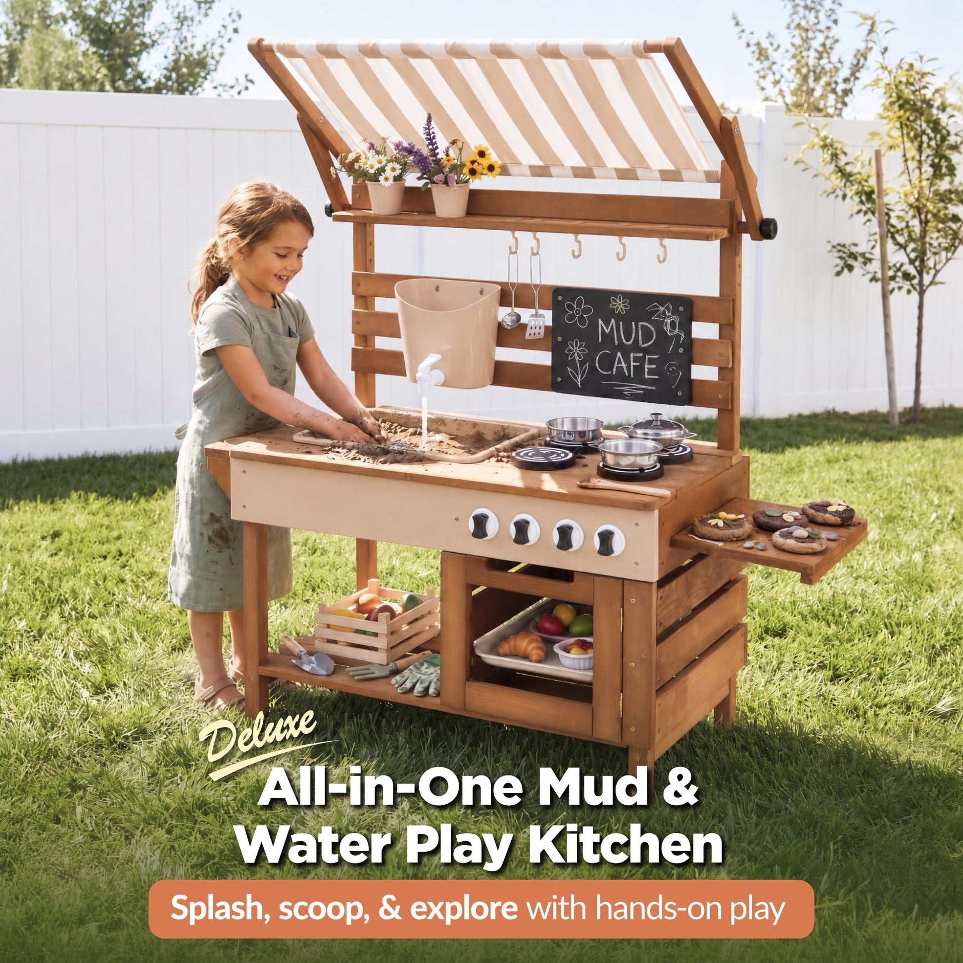 Deluxe Wooden Outdoor Mud Kitchen w/ Canopy, Sink, Faucet & 14pc Accessories