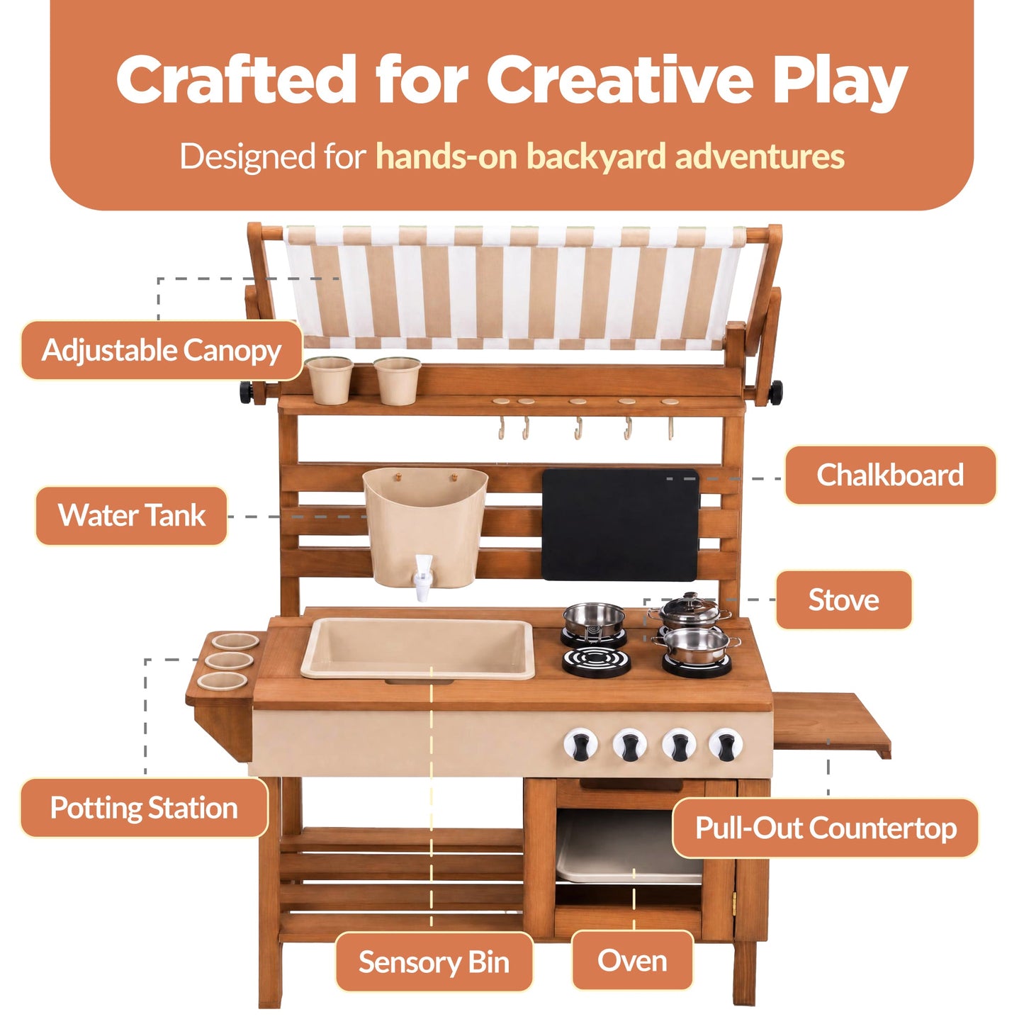 Deluxe Wooden Outdoor Mud Kitchen w/ Canopy, Sink, Faucet & 14pc Accessories