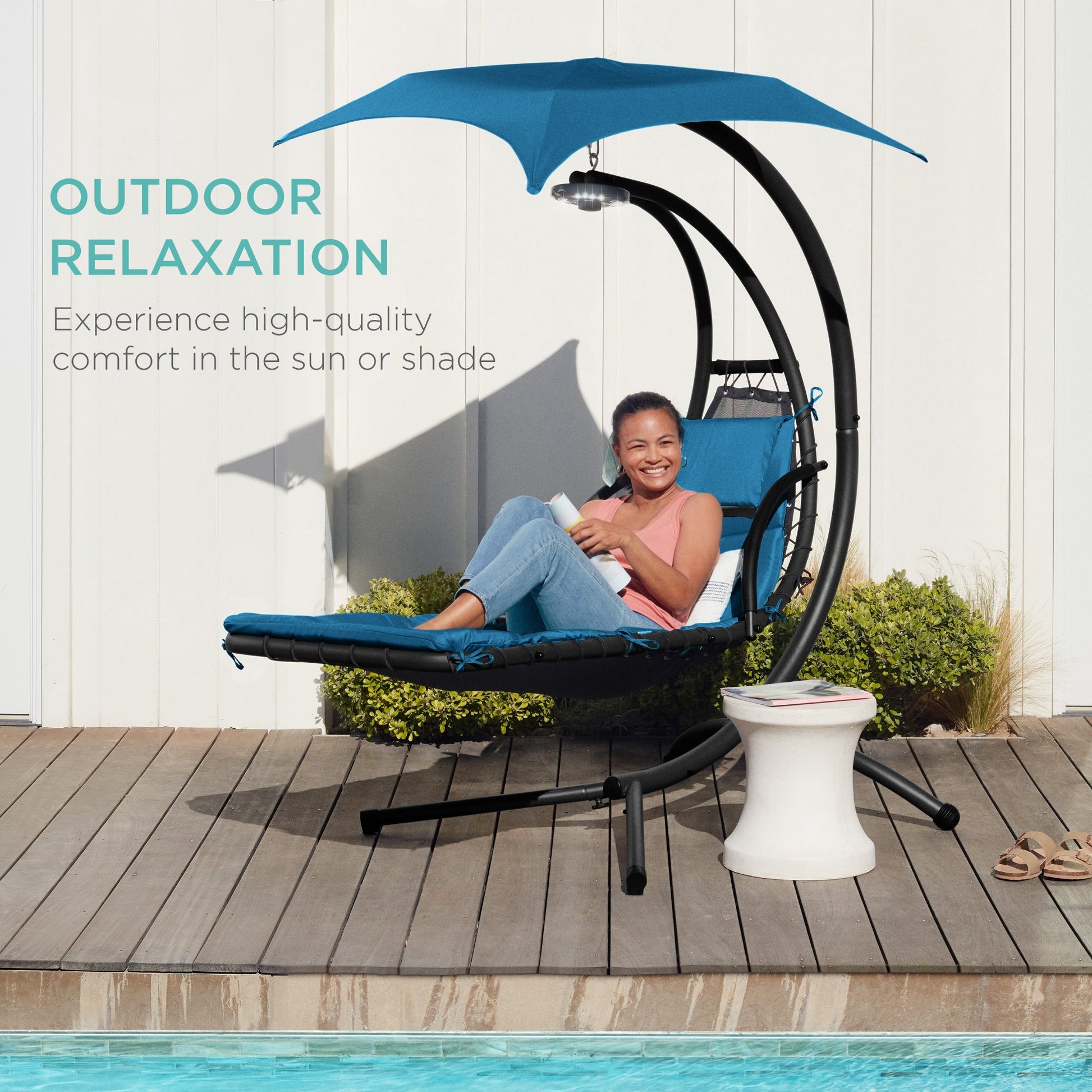 Hanging LED-Lit Curved Chaise Lounge Chair w/ Pillow, Canopy, Stand