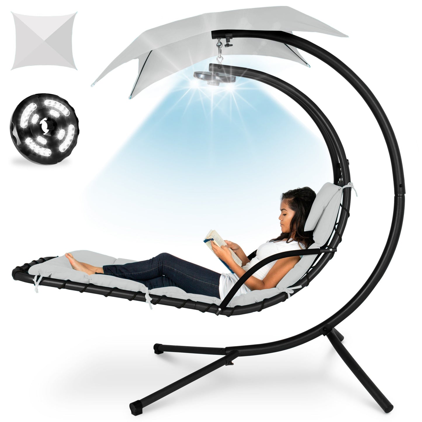Hanging LED-Lit Curved Chaise Lounge Chair w/ Pillow, Canopy, Stand